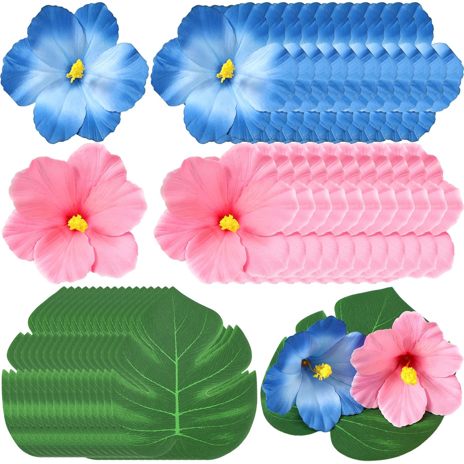 60 PCS Tropical Party Decorations Hibiscus Flower Palm Leaves Luau Table