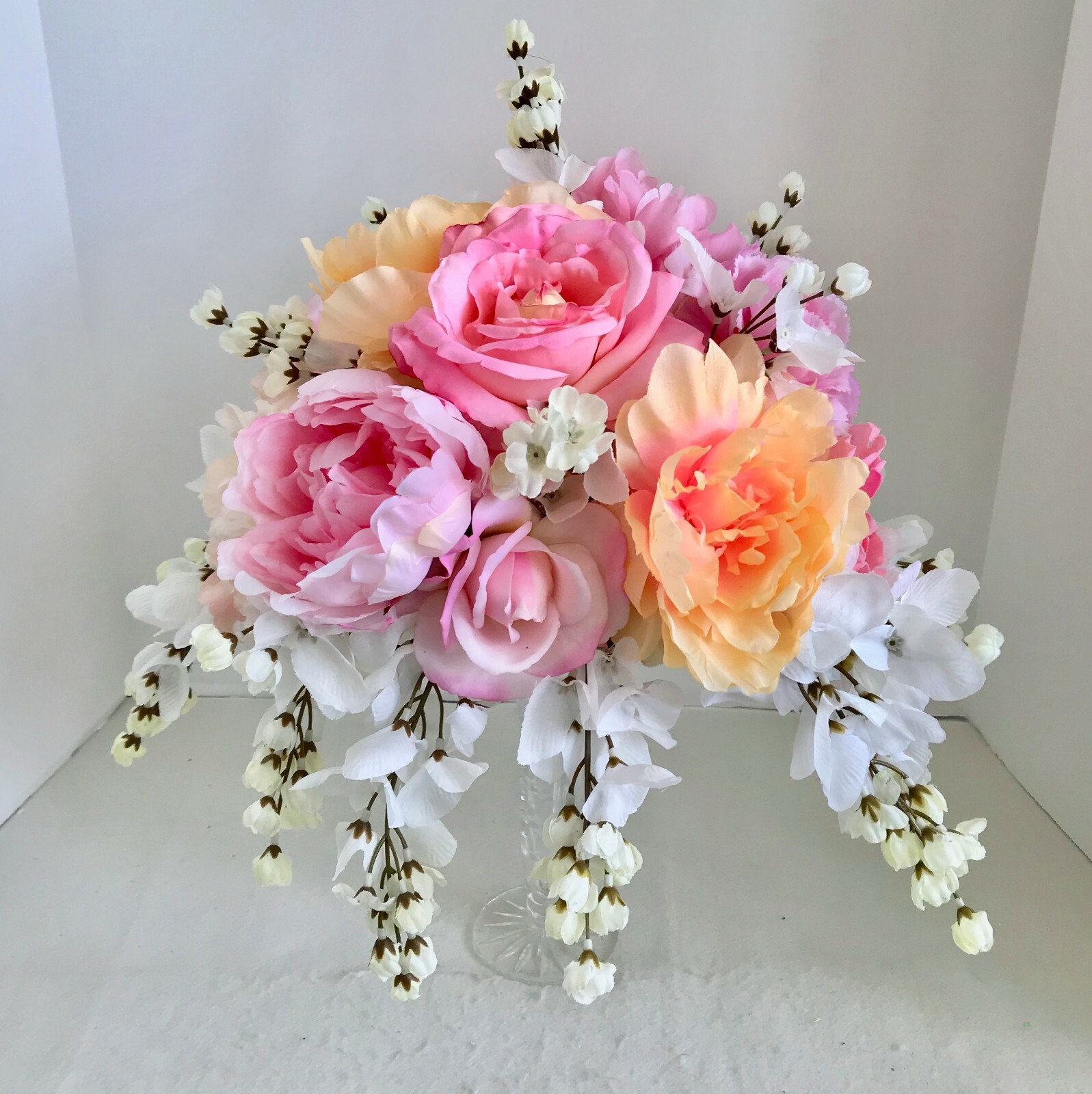 Floral Arrangement Centerpiece Multi-Colored Silk Flowers Cut Glass Vase