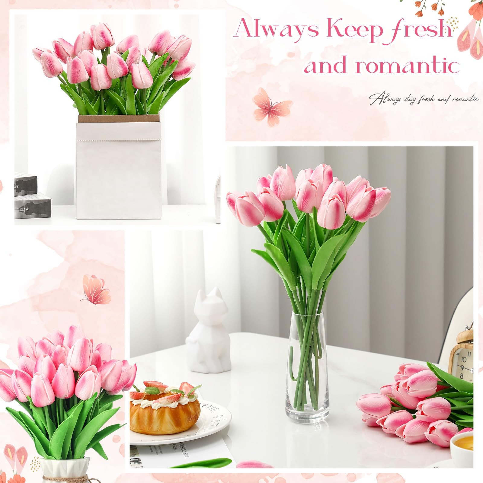 30 PCS Tulips Artificial Bouquet Faux Flowers Rose Red Real Touch Wedding
