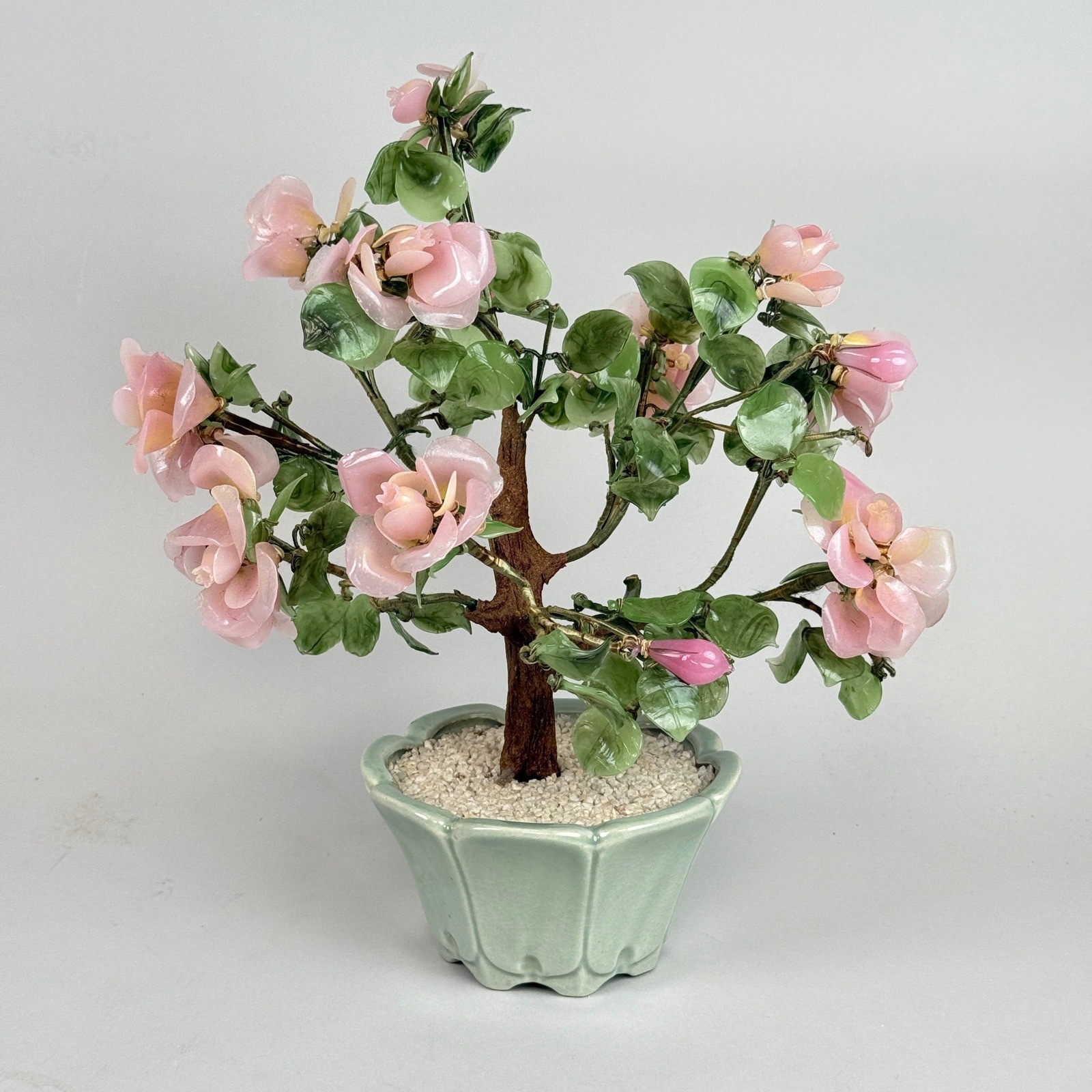 Pink Jade Gemstone Bonsai Tree Flower Arrangement Tabletop Decor 15″