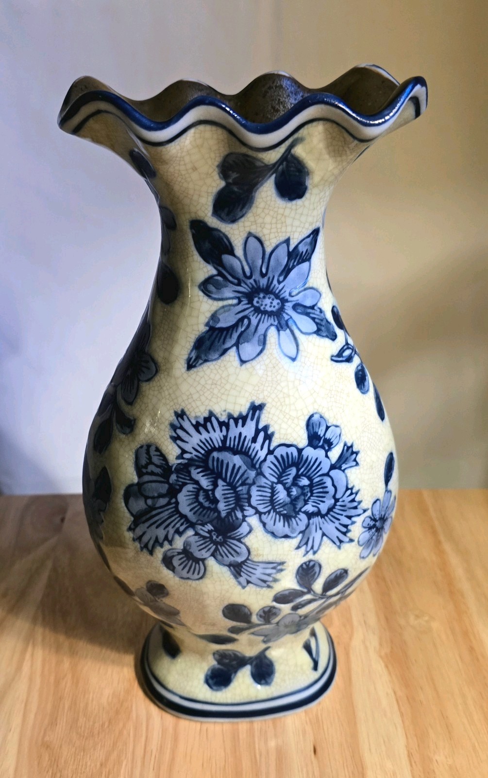 Vintage Blue White Floral Vase Ruffled Rim Ceramic Delft Style Cottage Decor 11”