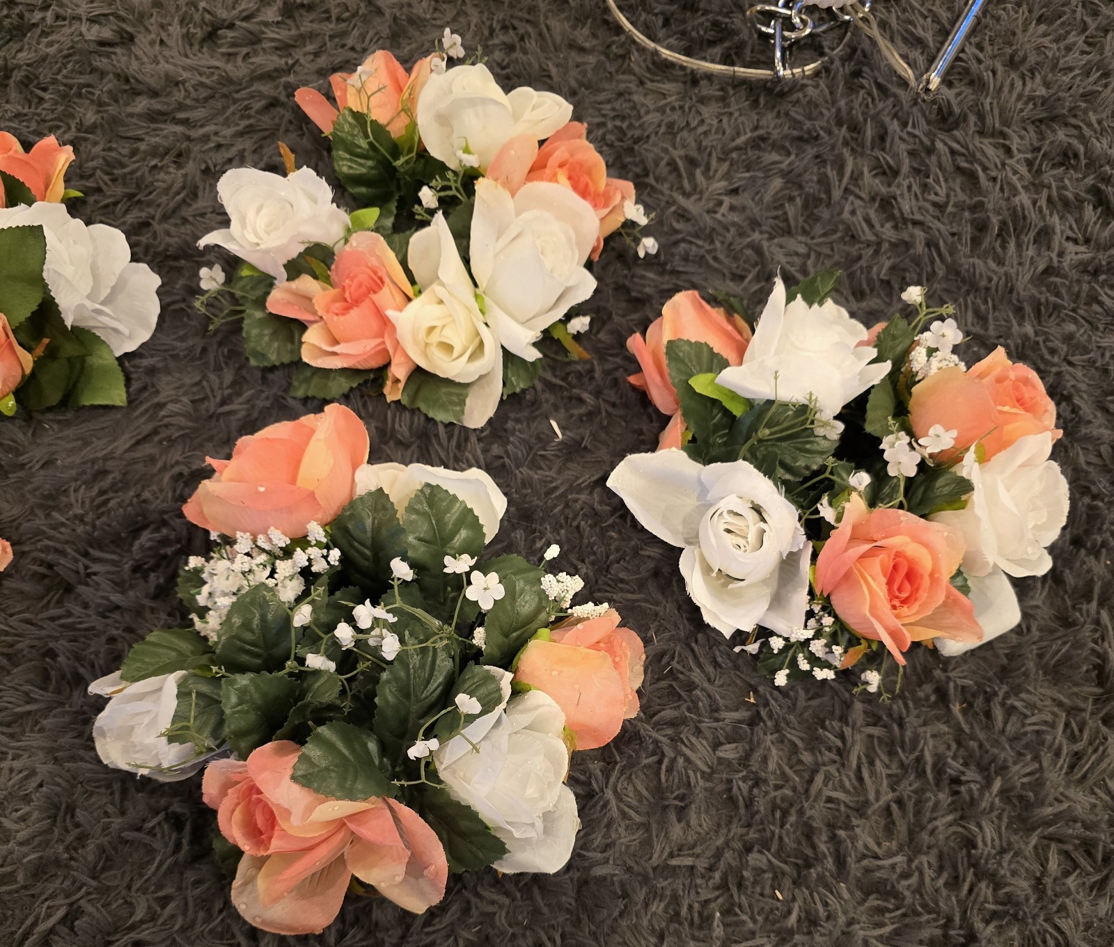 Artificial Flowers Wedding Centerpieces 5 Pc. White, Peach Roses w/Babys Breath