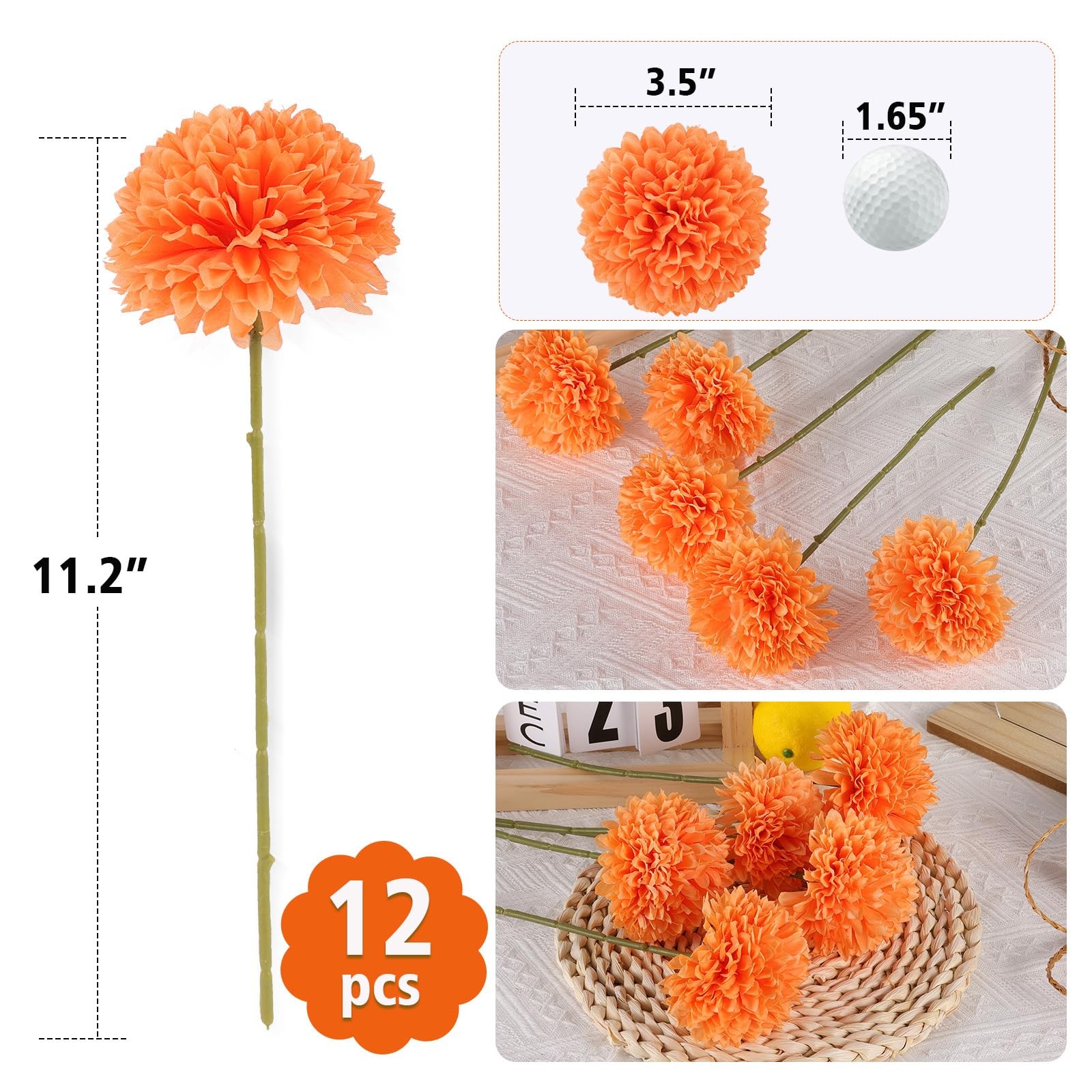12 PCS Artificial Chrysanthemums Fall Silk Orange Marigolds Fake Mums