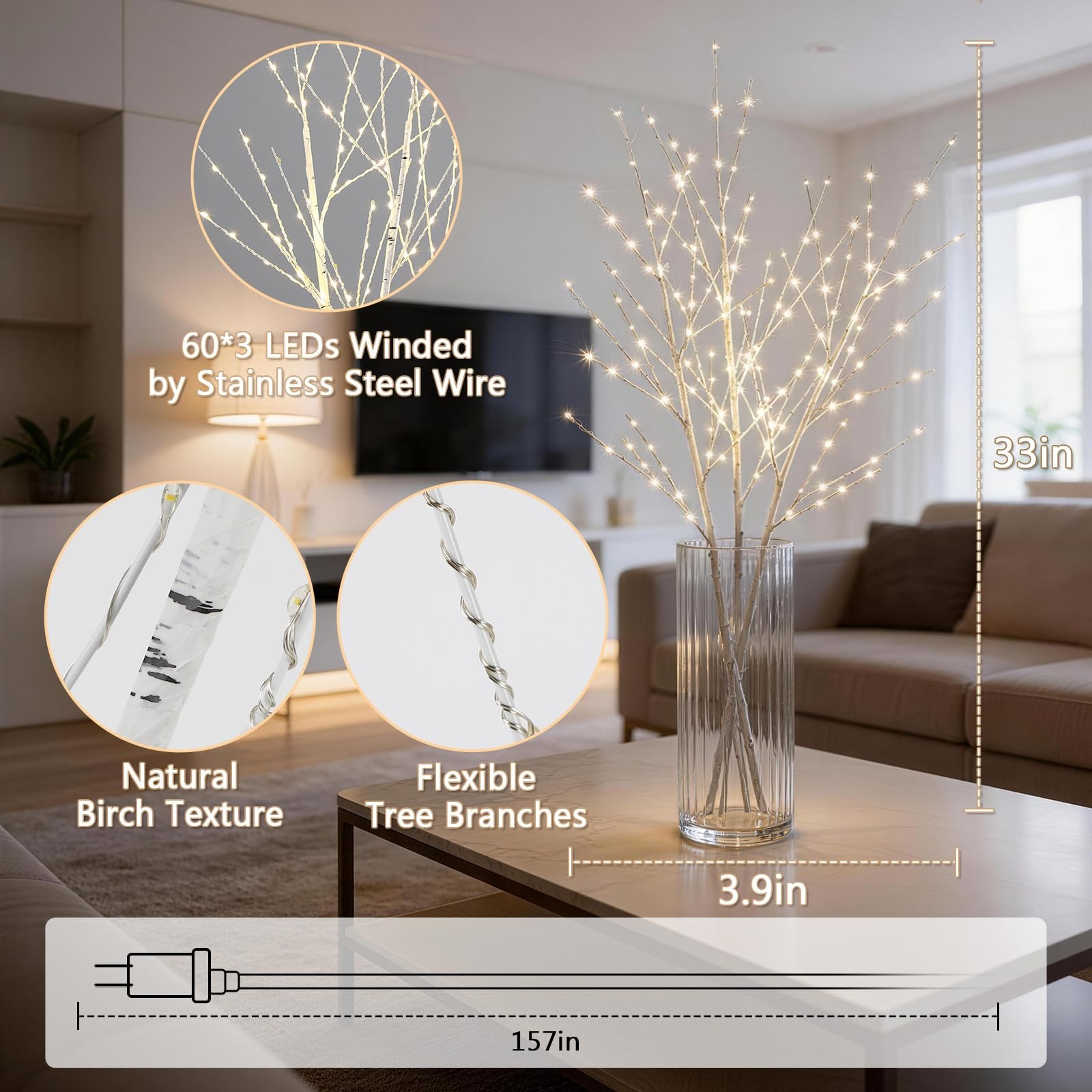 33 Inch Lighted Birch Tree Branch 180 LED Plug In Timer Christmas Decor