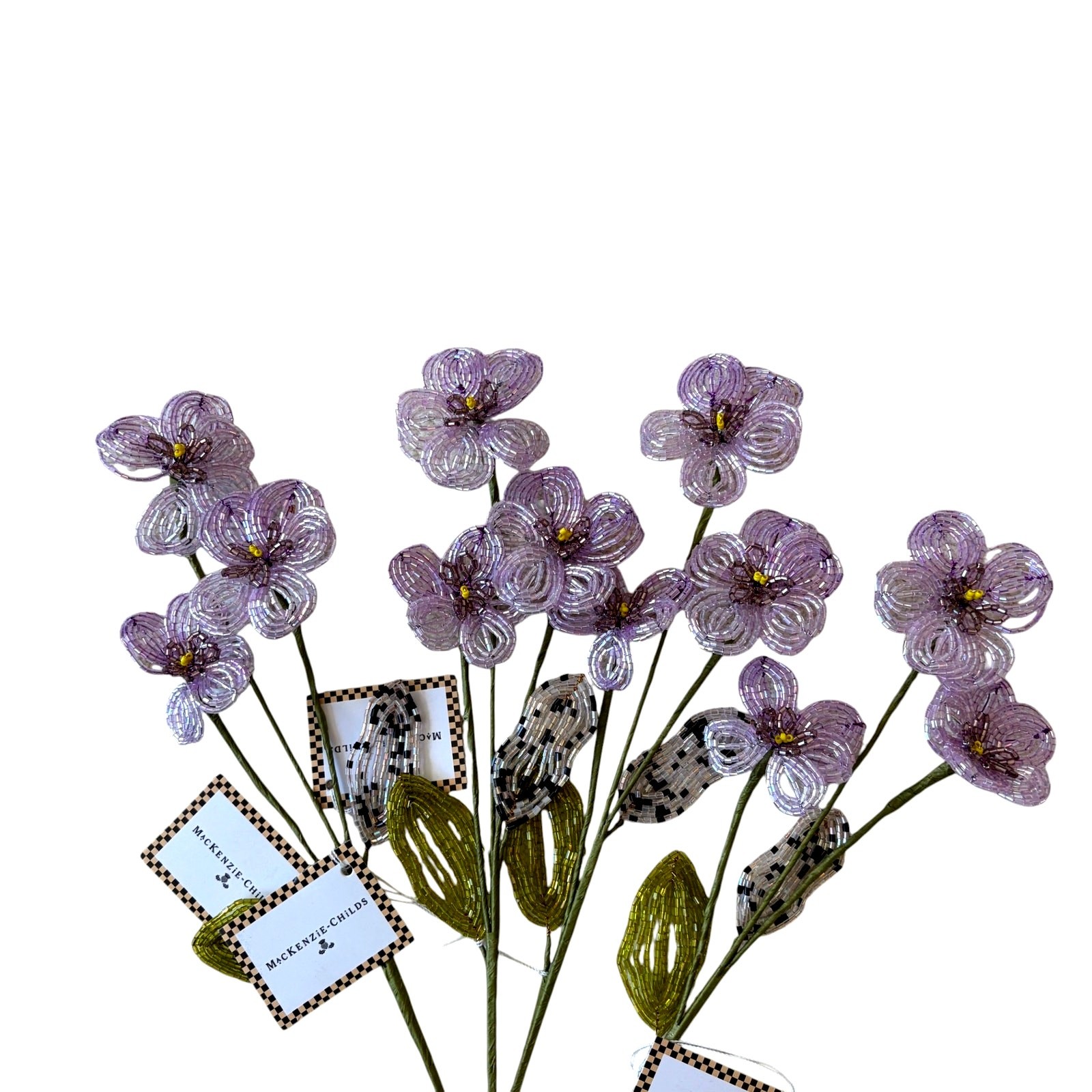 NEW Mackenzie Childs Purple Pansy Beaded Flower Stems 4pc 4×20