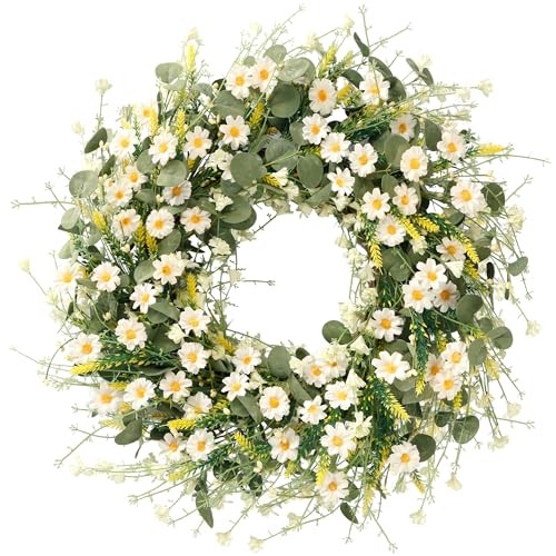 Daisy Wreath 24 Inch with Fake Silk Floral Green Eucalyptus Leaves and White