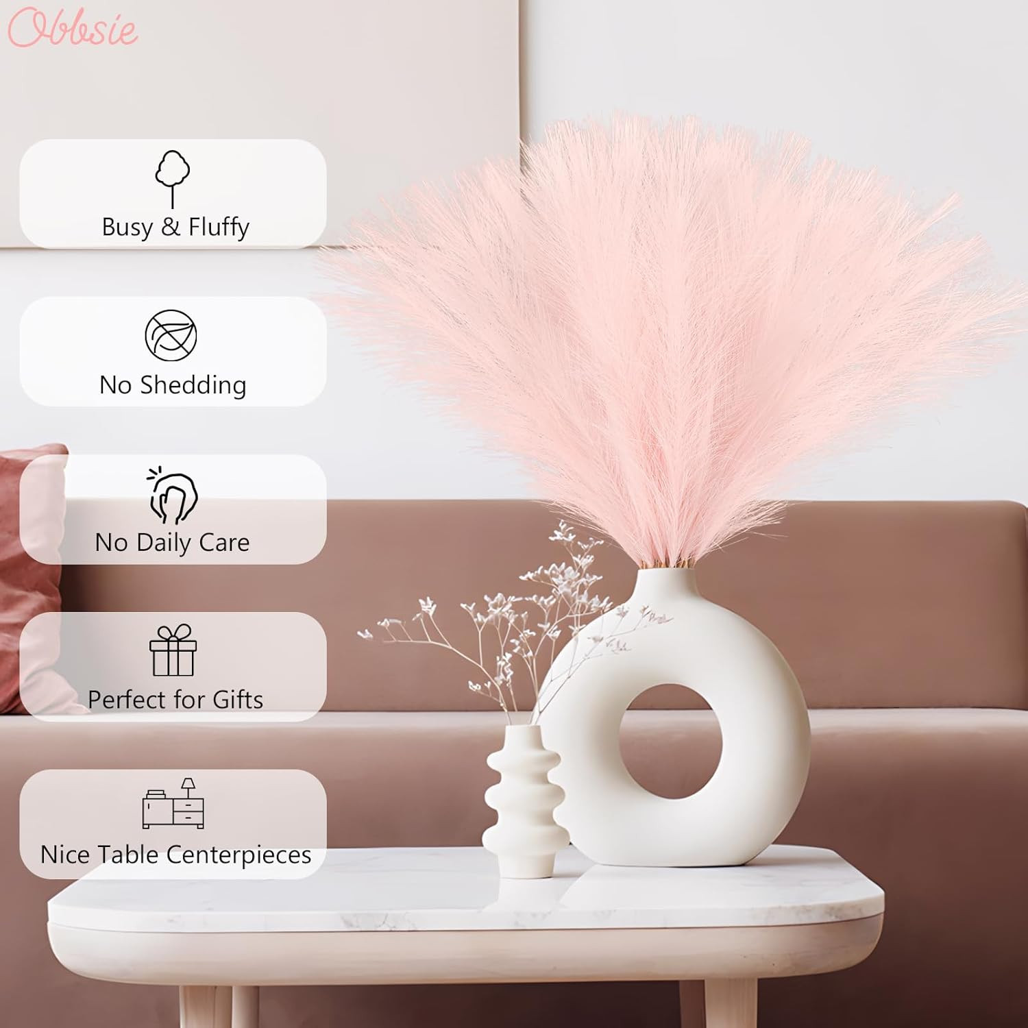 50Pcs Pink Faux Pampas Grass Decor, 21.6″ Short Artificial Floral Branches Vase