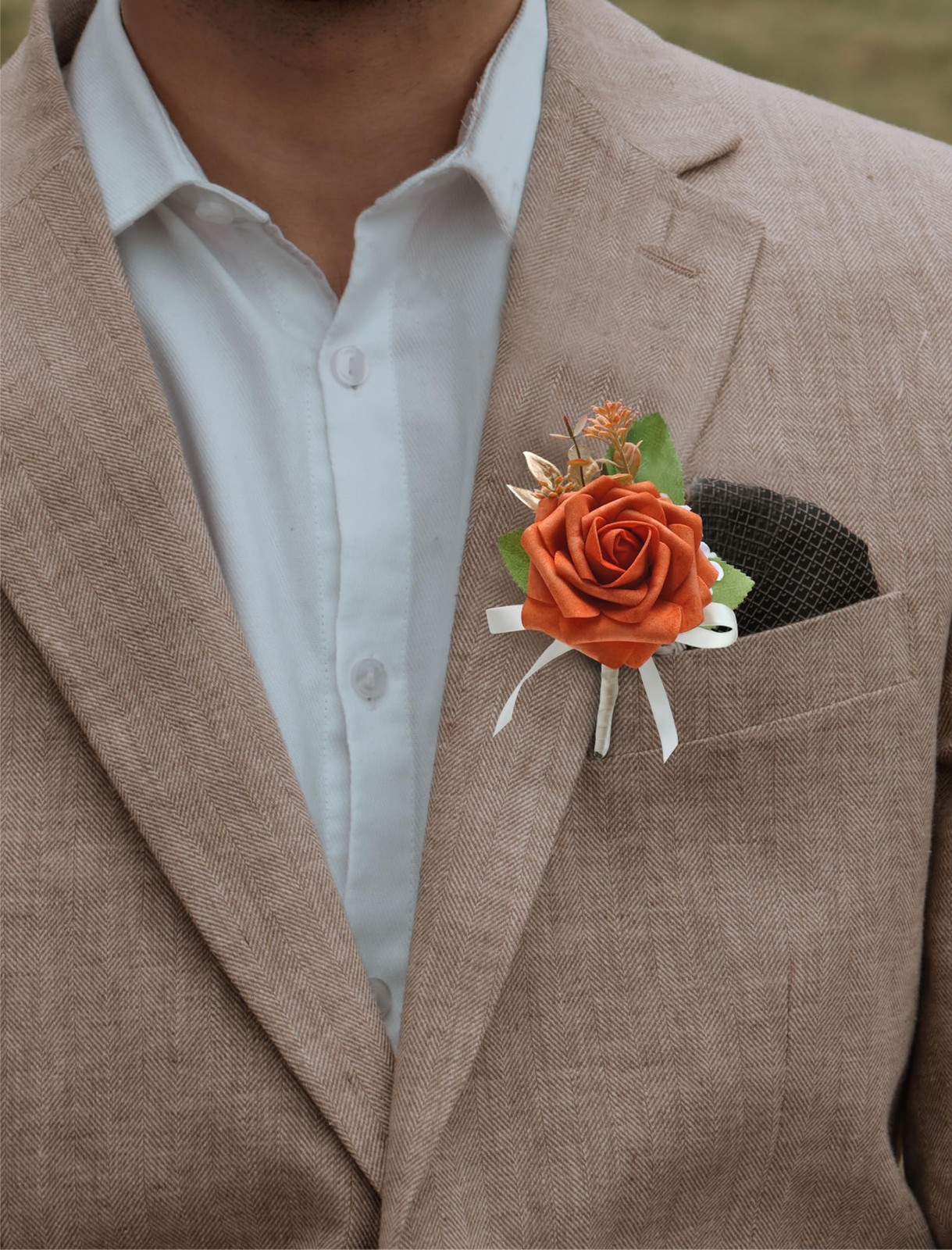 6 PCS Burnt Orange Rose Boutonniere Artificial Flower Men Wedding Groomsmen