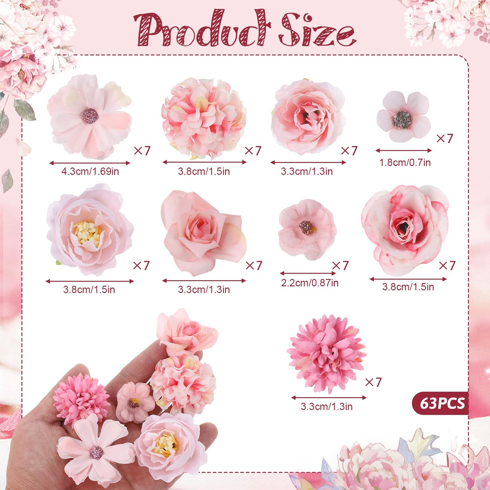 Mini Pink Fake Rose Flowers Silk Fabric Crafts DIY Faux Rose Heads 63 PCS
