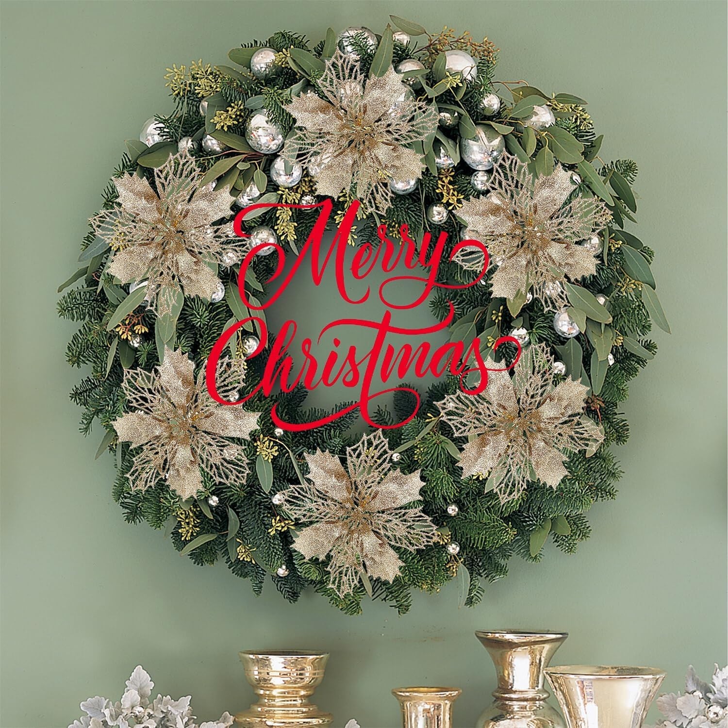 Artificial Christmas Flowers Glitter.. Champagne 24pcs