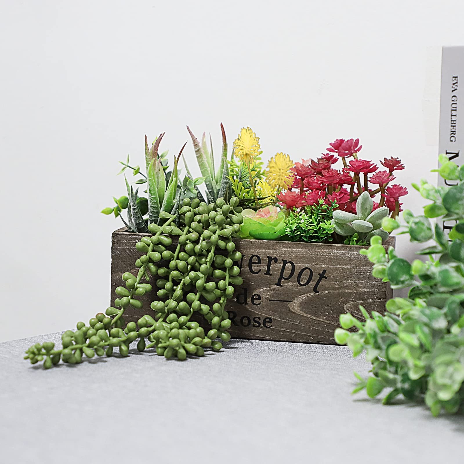 Artificial Succulent Plants Arrangement in Wooden Planter, Fake Succulents Pl…