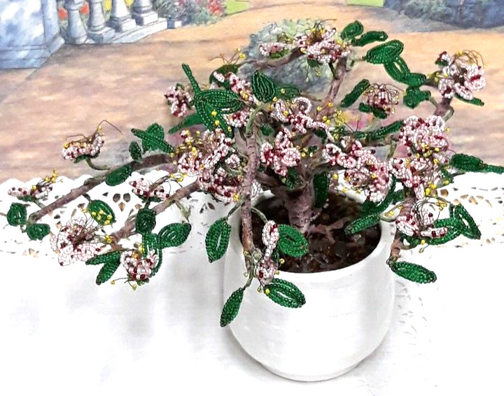 Vintage Crafted Seed Bead Cherry Blossom Bonsai Tree Arrangement in Ceramic Pot