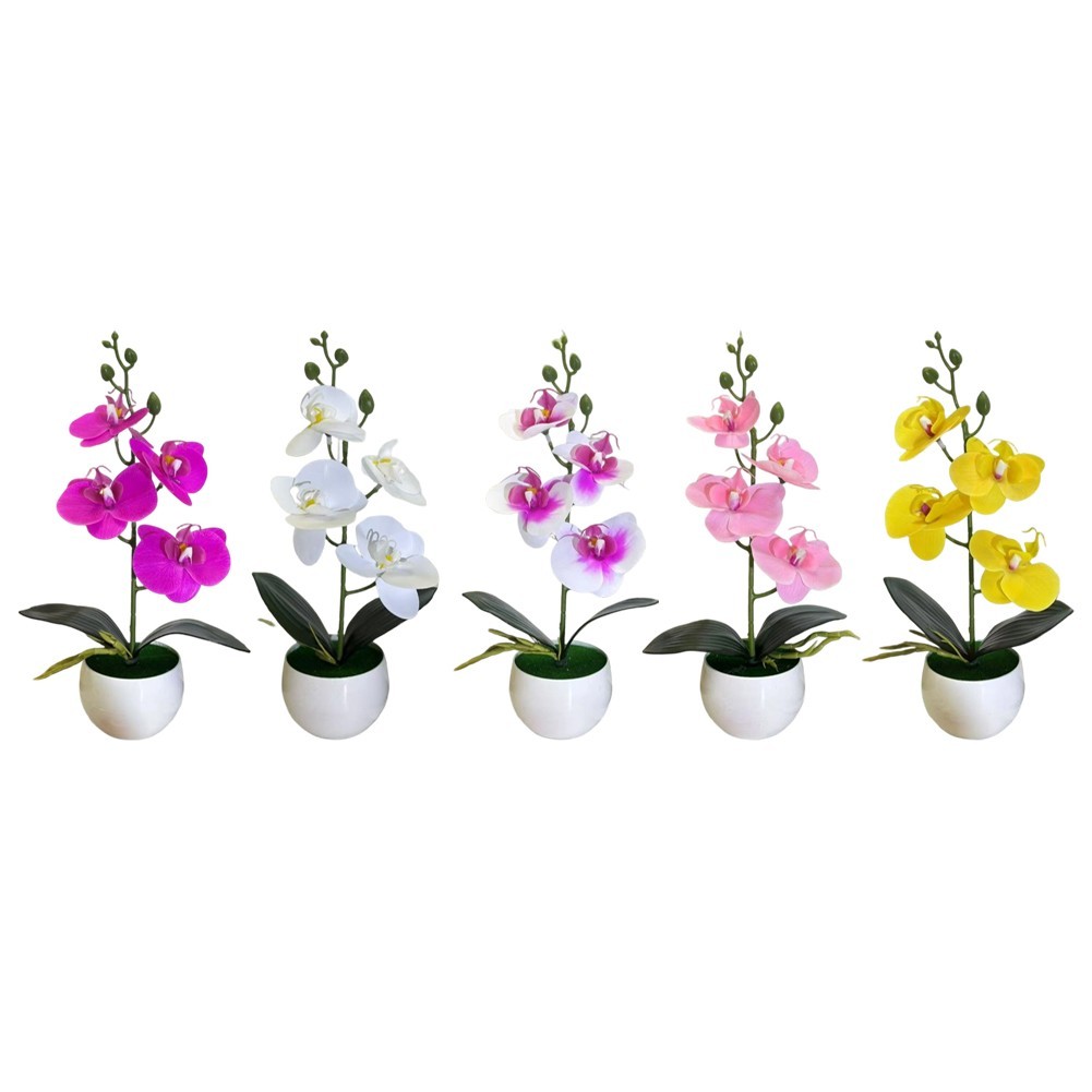 Faux Orchid Four Flower Bonsai in Small Round Belly Pot for Home Office