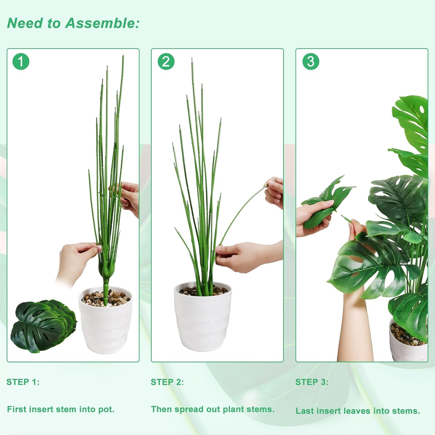 Set of 2 Artificial Monstera Deliciosa Plants in Pots Fake Tropical Palm Tree W/