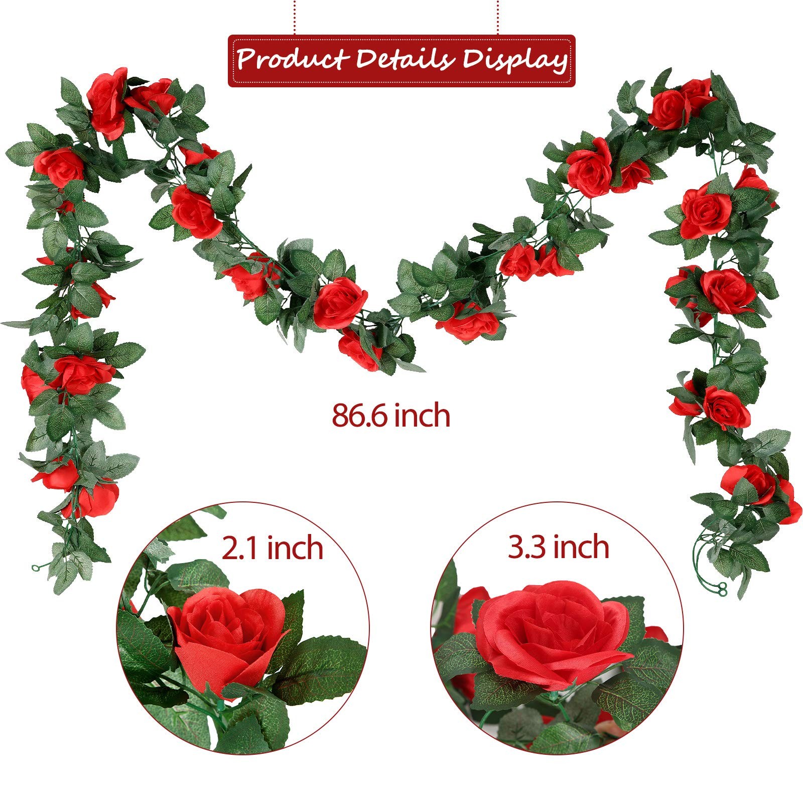 Syhood Artificial Rose Garlands Vines Leaves Banners 7.22 feet, Red