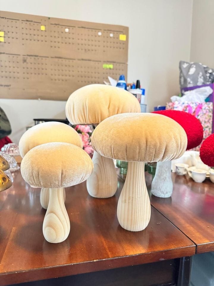 Flora Bunda Tan Velvet Mushroom Retro Mushrooms Shelf Sitter Spring Decor