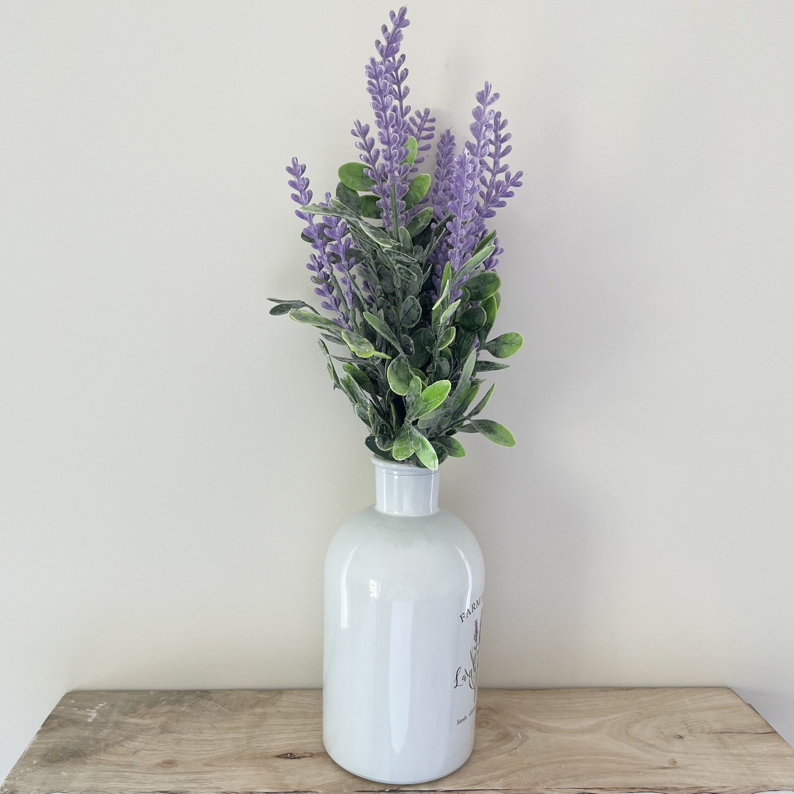Handmade Artificial Purple Lavender Arrangement In Milk Glass Vase