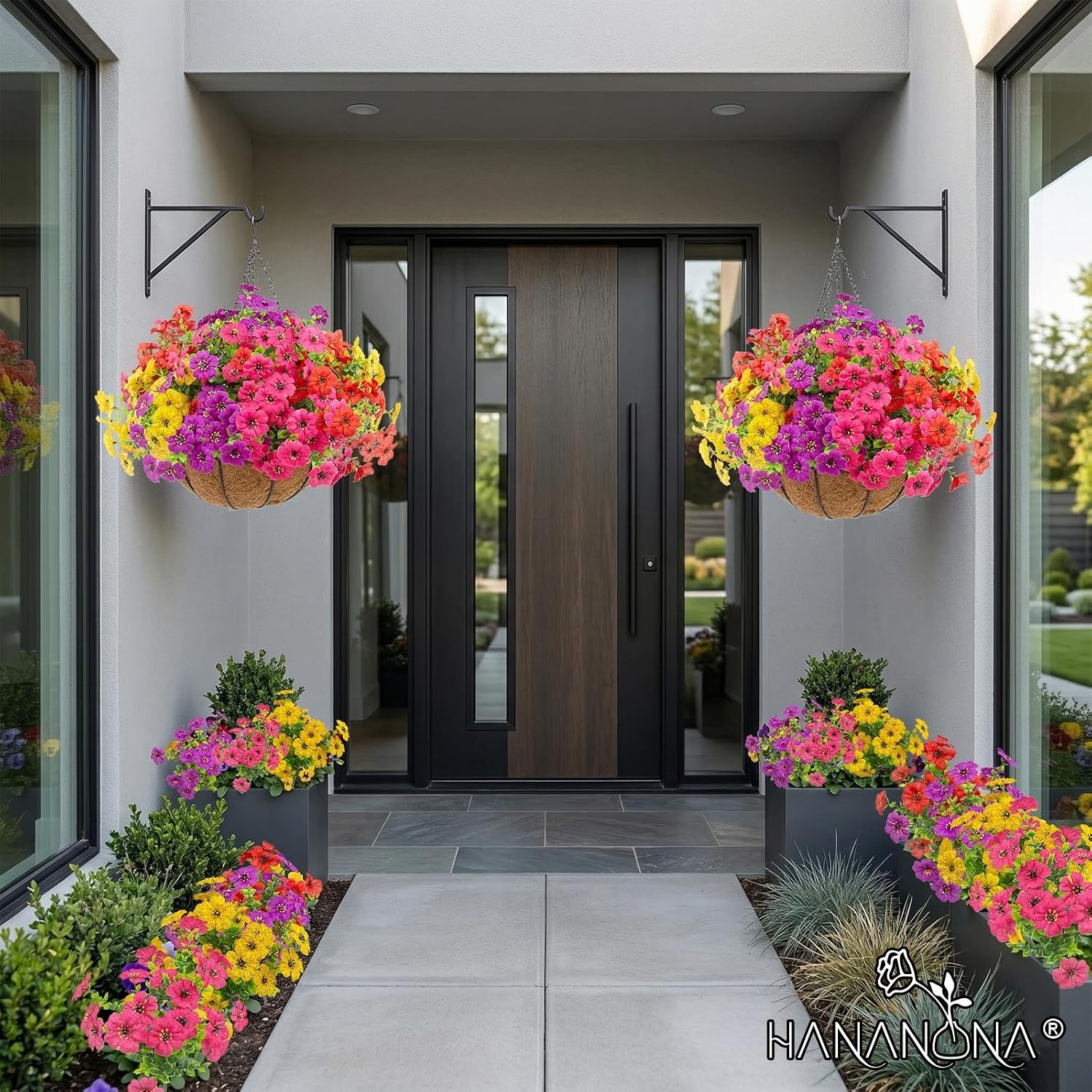 2 Hanging Planters with 24 Flowers, Red/Purple/Yellow
