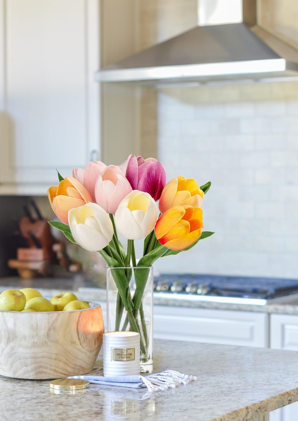 Artificial Tulip Fake Flower In Clear Vase Multi Color Real Touch Arrangement