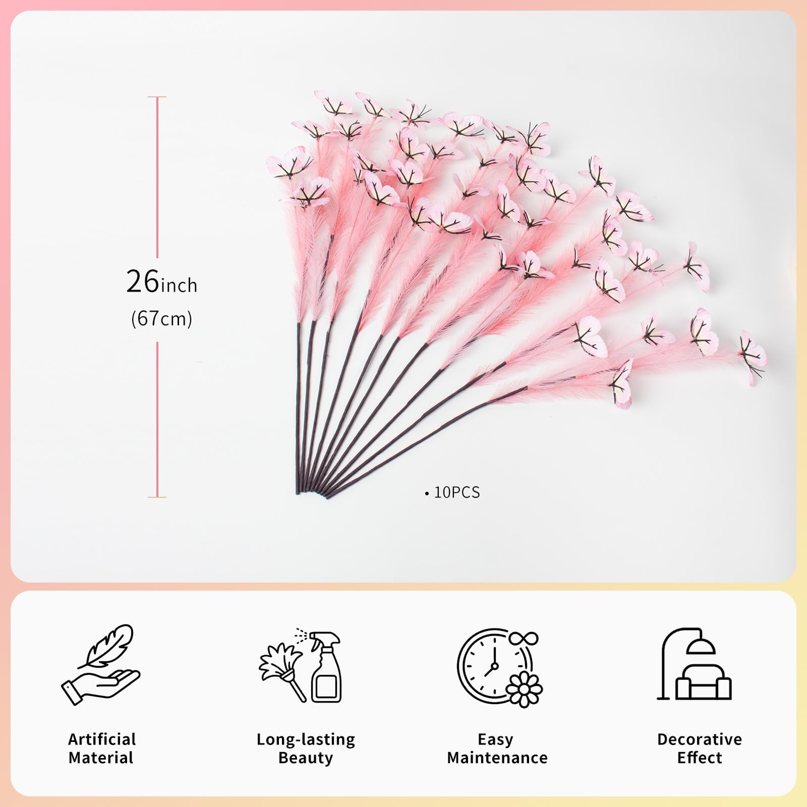 26″-10 Stems Pink Pampas Grass Decor, Artificial Pampas Grass with Butterfly …