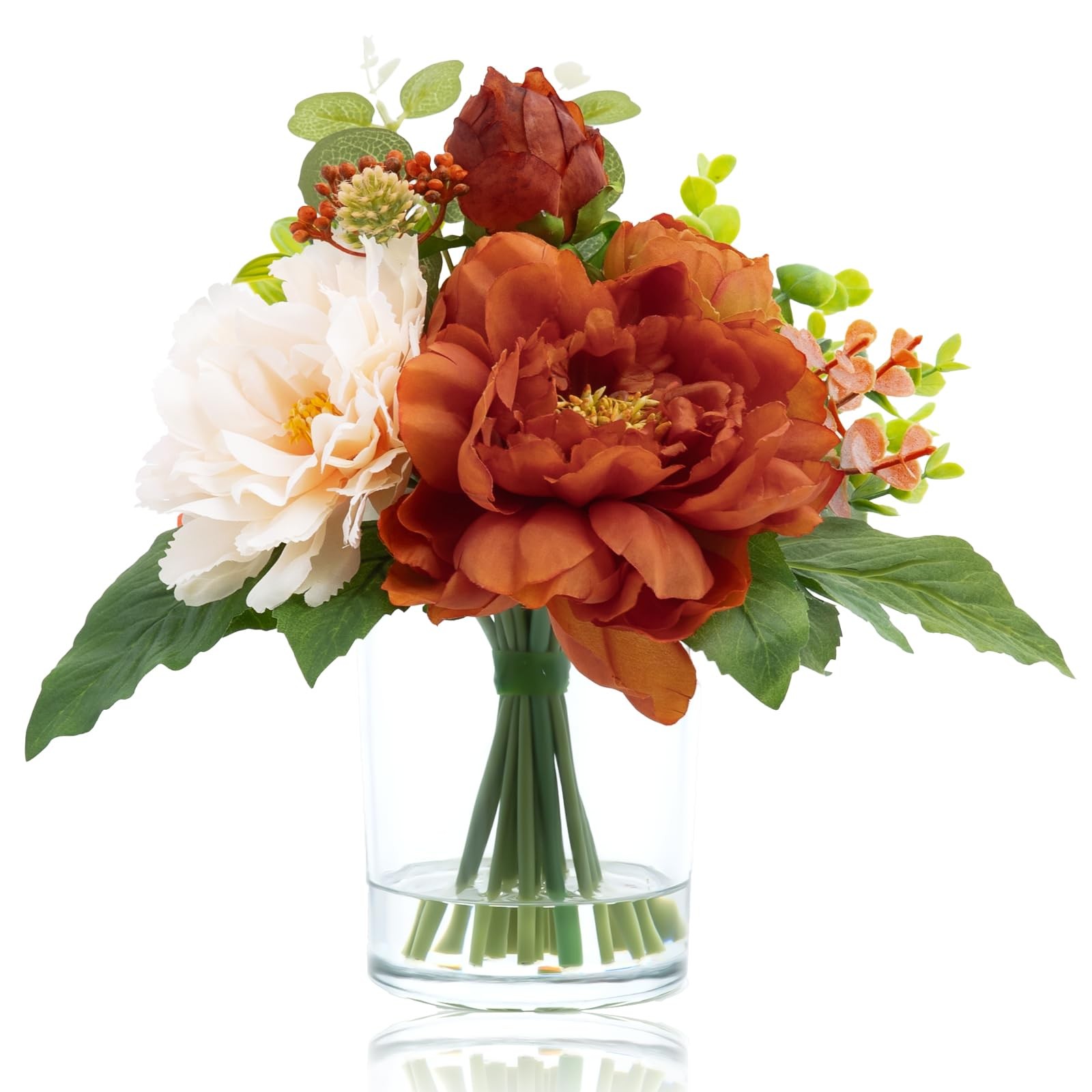 Artificial Flowers in Glass Vase with Fake Water, Burnt Orange & Champagne Si…