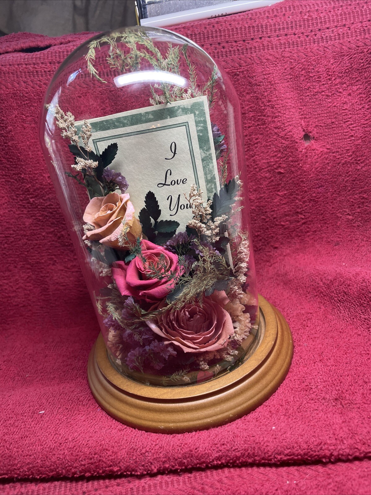 Vintage Dried Red Roses Flower Arrangement Preserved in 7.5” Glass Dome