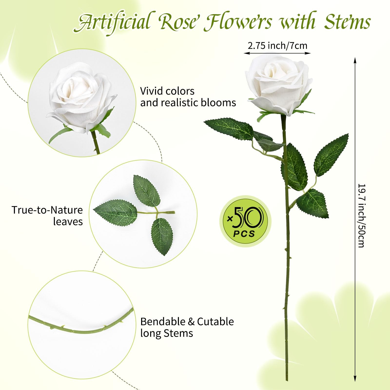 50 Pcs Artificial Roses Bulk, White Velvet Silk Rose Realistic Faux Artificia…