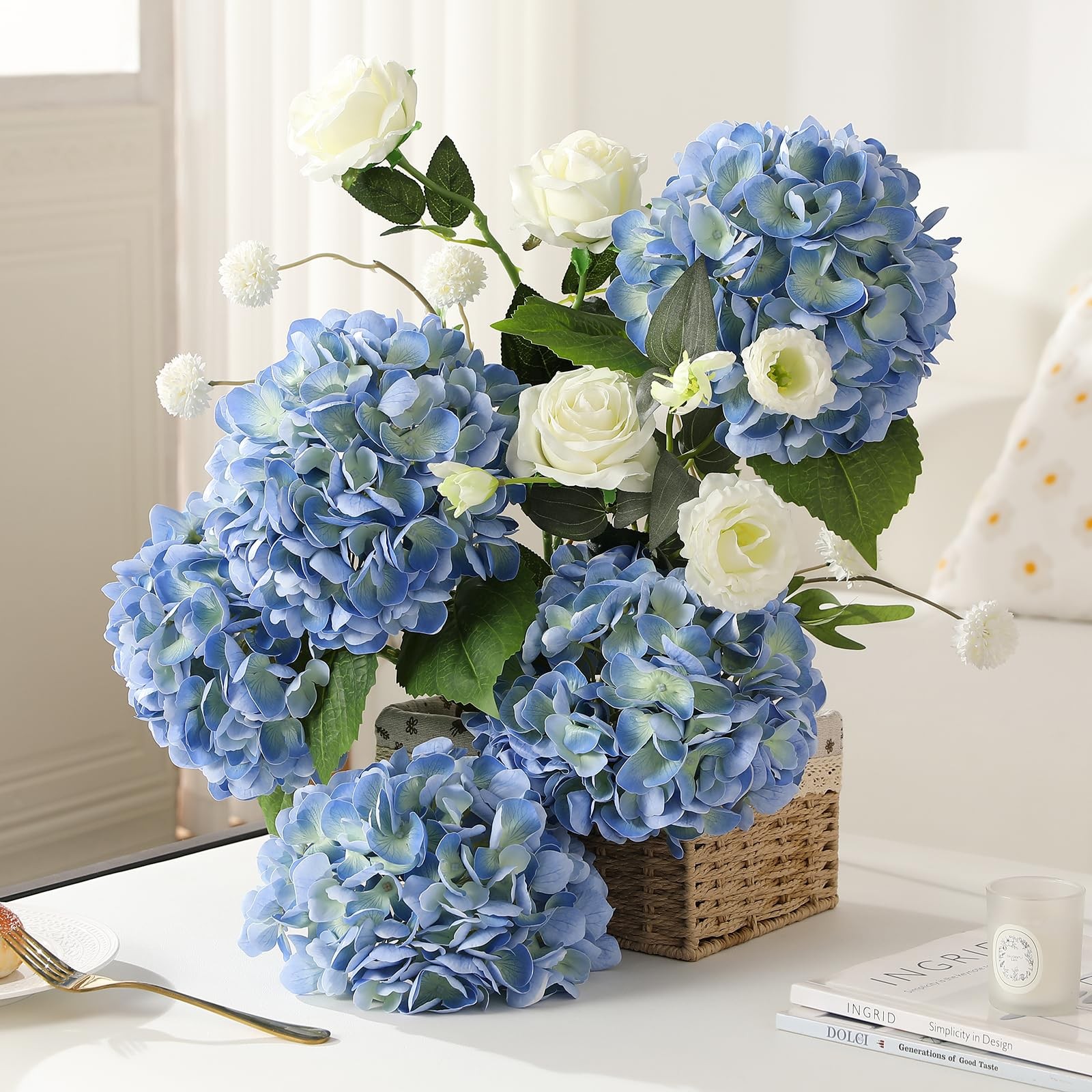 Blue Hydrangea Artificial Flowers – 3Pcs 22.44In Large Faux Hydrangea Flowers…