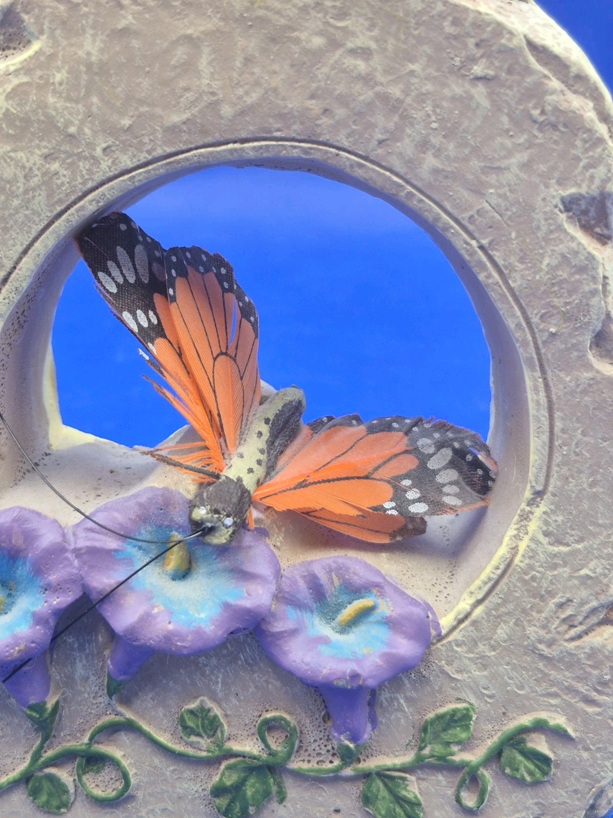 Butterfly Decor Feather Monarch Morning Glories in Faux Stone Arch 5×6″