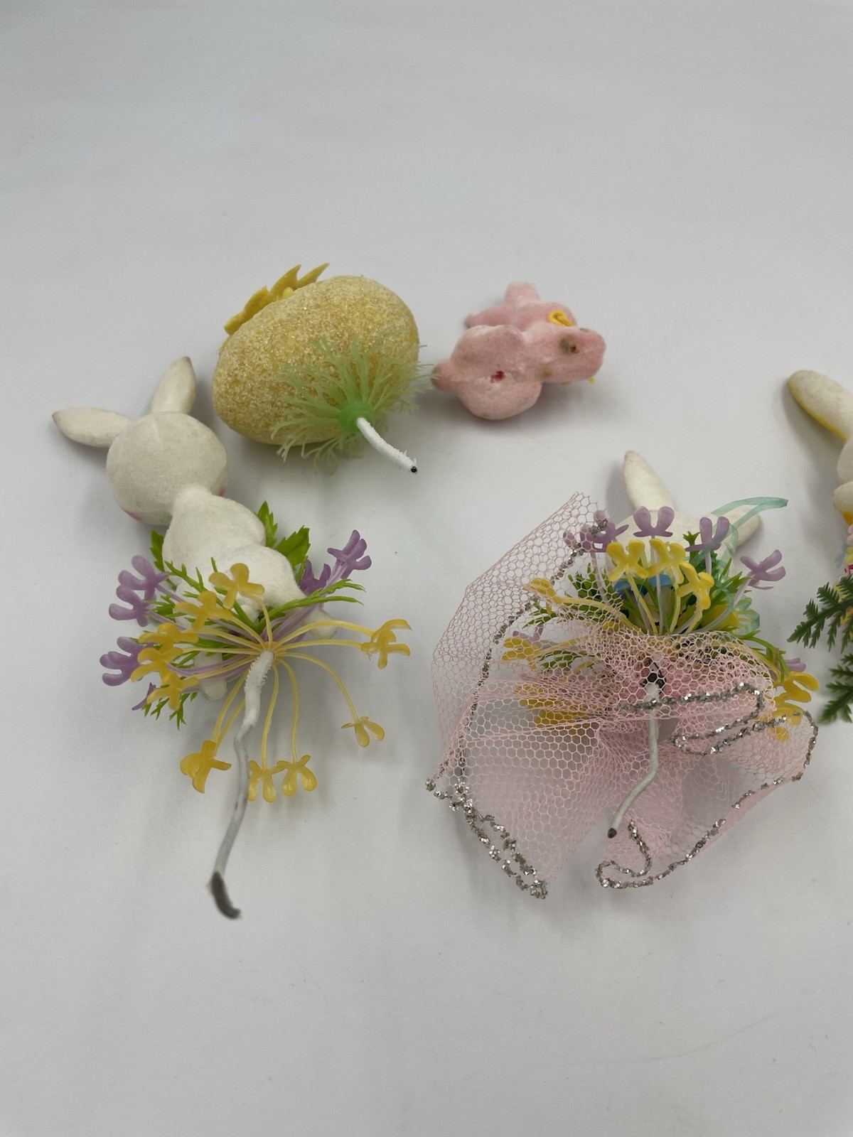 5 VTG Lot Flocked Easter Bunny Rabbit, Egg, Floral Pick Plastic Decoration A20