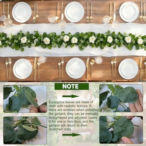4 Packs 24FT Artificial Eucalyptus Flower Garland with White Camellias, Faux