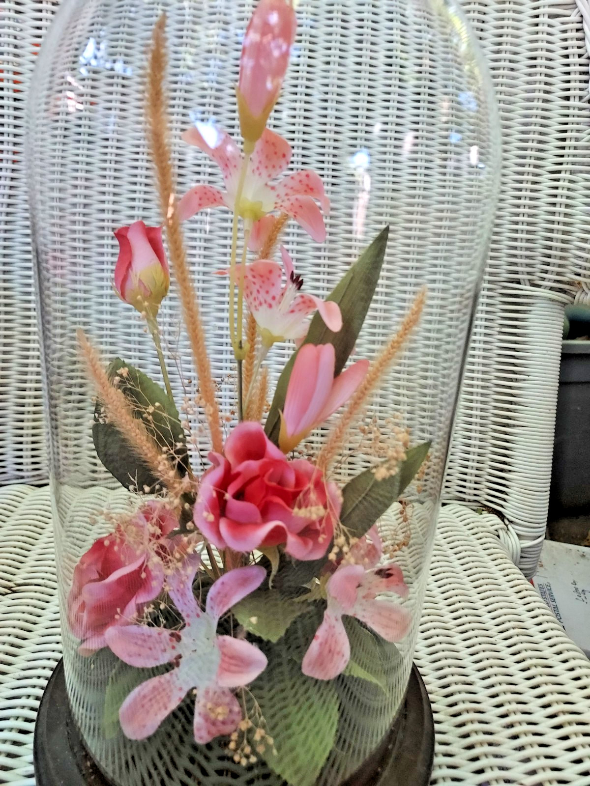 12″ Vintage Real Dried Flower Cloche Glass Dome Pink Silk Roses Lilies Butterfly