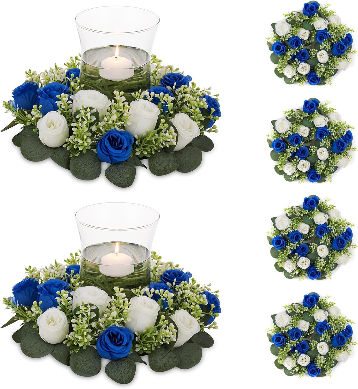 Small Wreath Table Centerpieces 9.05 Inch Royal Blue & White Flower Candle Rings
