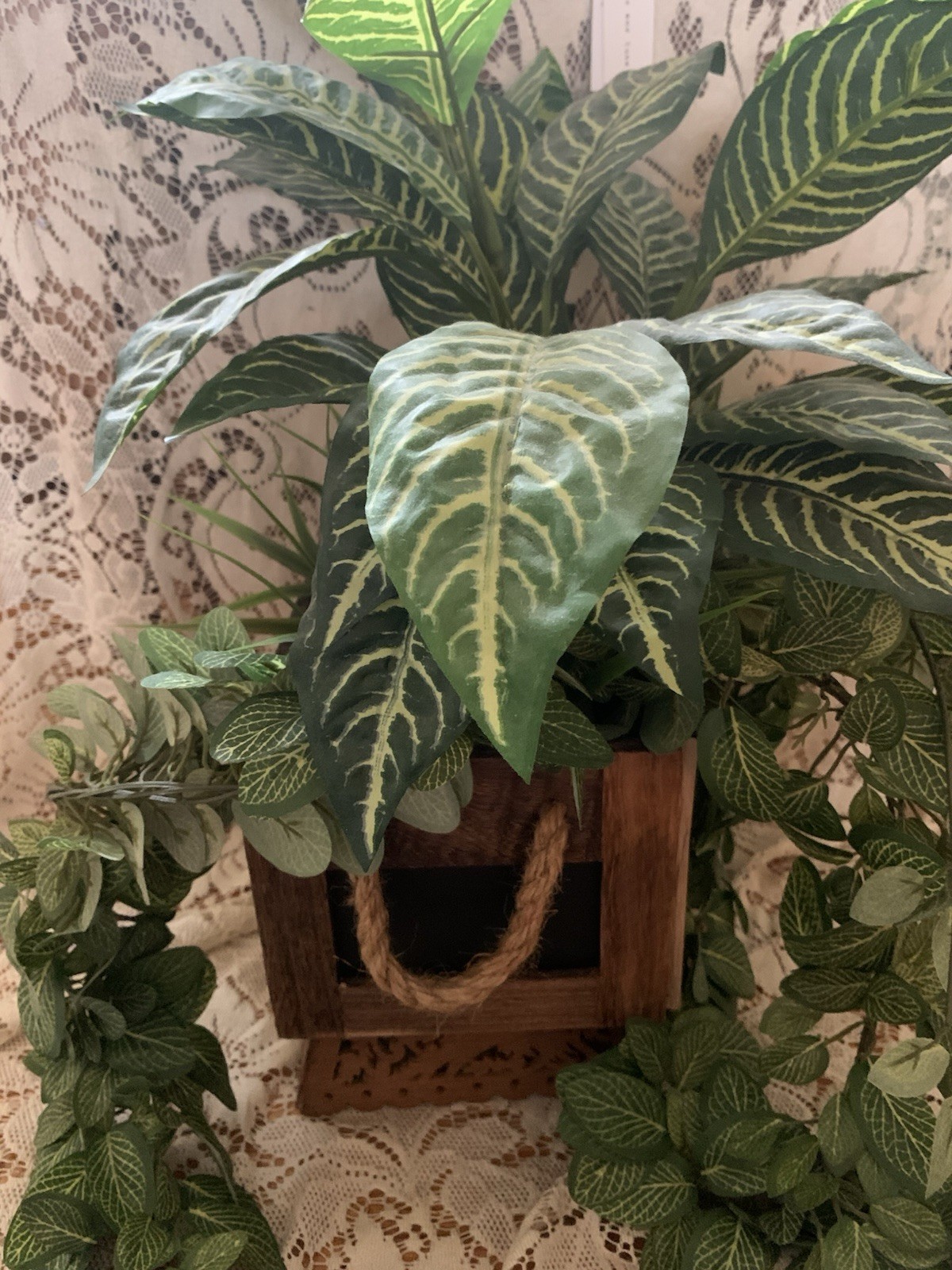 Rectangular Wood Rustic Planter Box Faux Green Plant Arrangement For Table 10″L