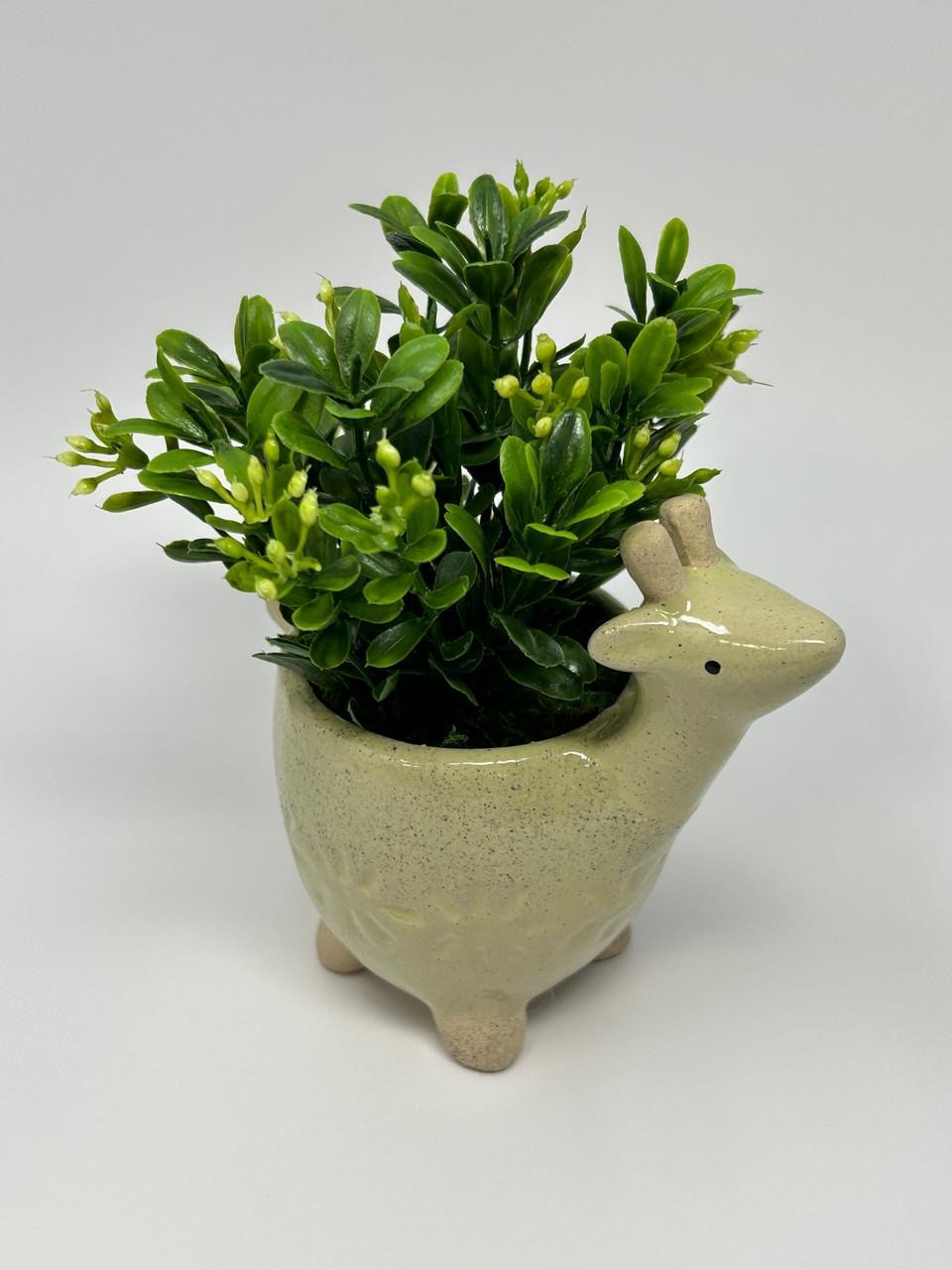 Mini 6″ Artificial Boxwood plastic plant potted in Ceramic DEER Giraffe Pot, han