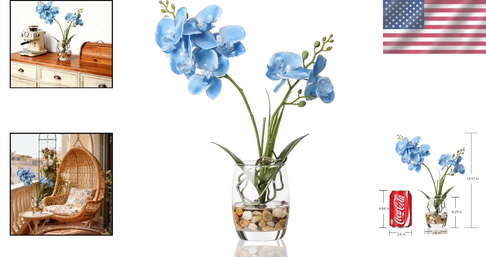 Elegant Artificial Blue Orchid Arrangement in Glass Vase – 14.5 Inch Centerpiece