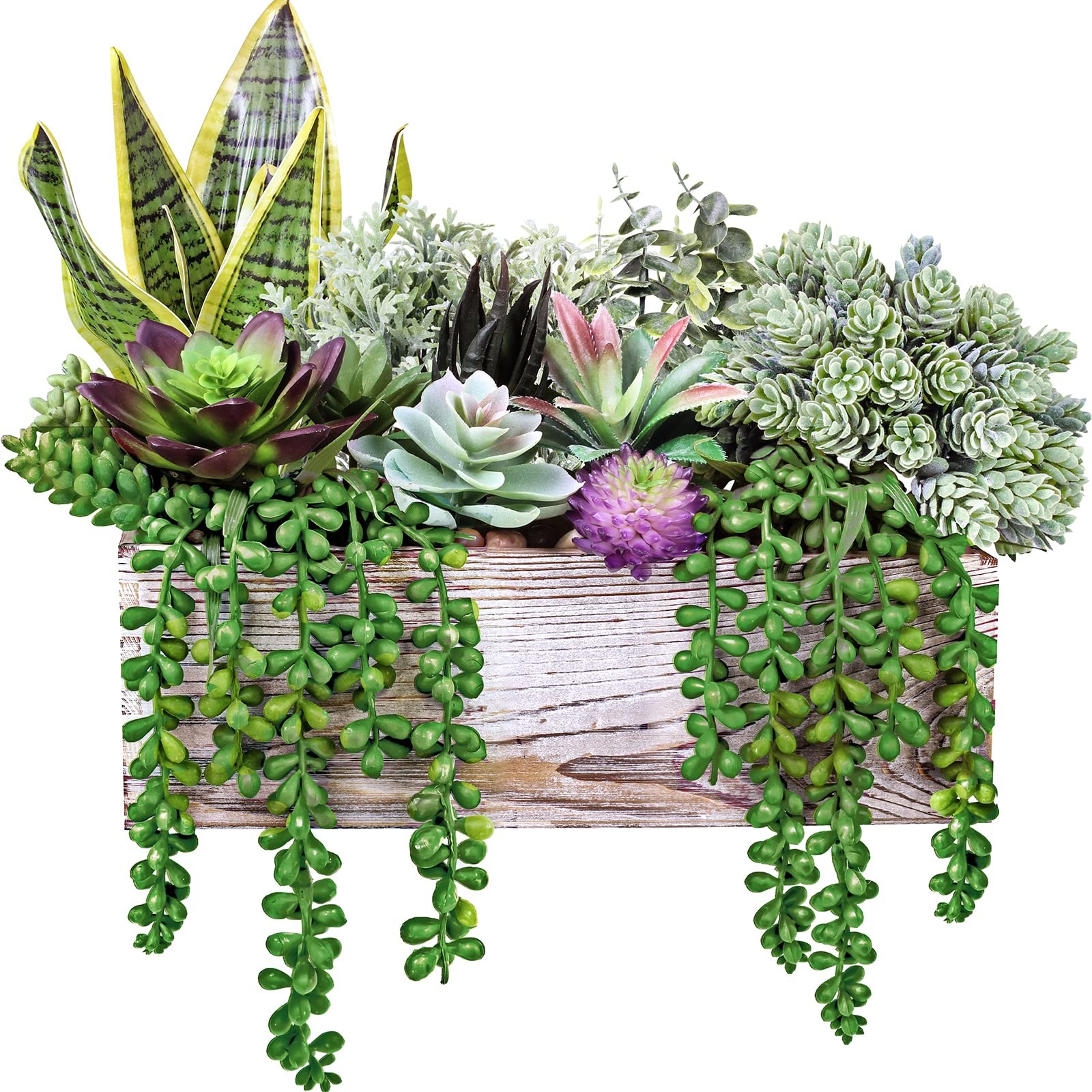 14 PCS Assorted Artificial Succulents Fake Plants Rectangular Wooden Pots