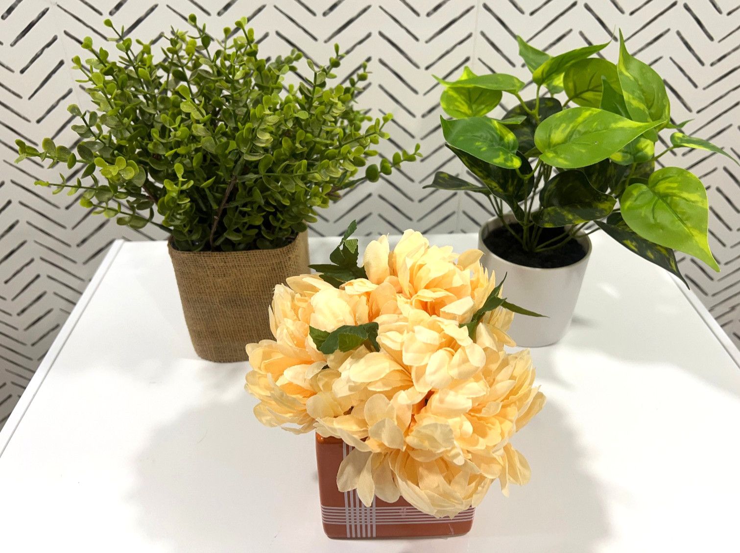 Lot of 3 artificial house plants: pathos, boxwood, and peony EUC