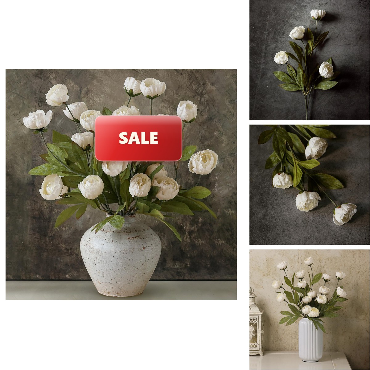 VIERENA 12 Pcs 27″ Faux Silk Peony Artificial Flowers Stems Vase(Cream)