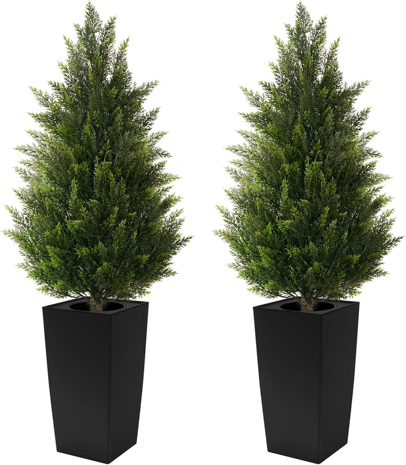 4FT Tall 2 Pack Artificial Cedar Topiary Trees with Compact Pyramidal Shape, Rea