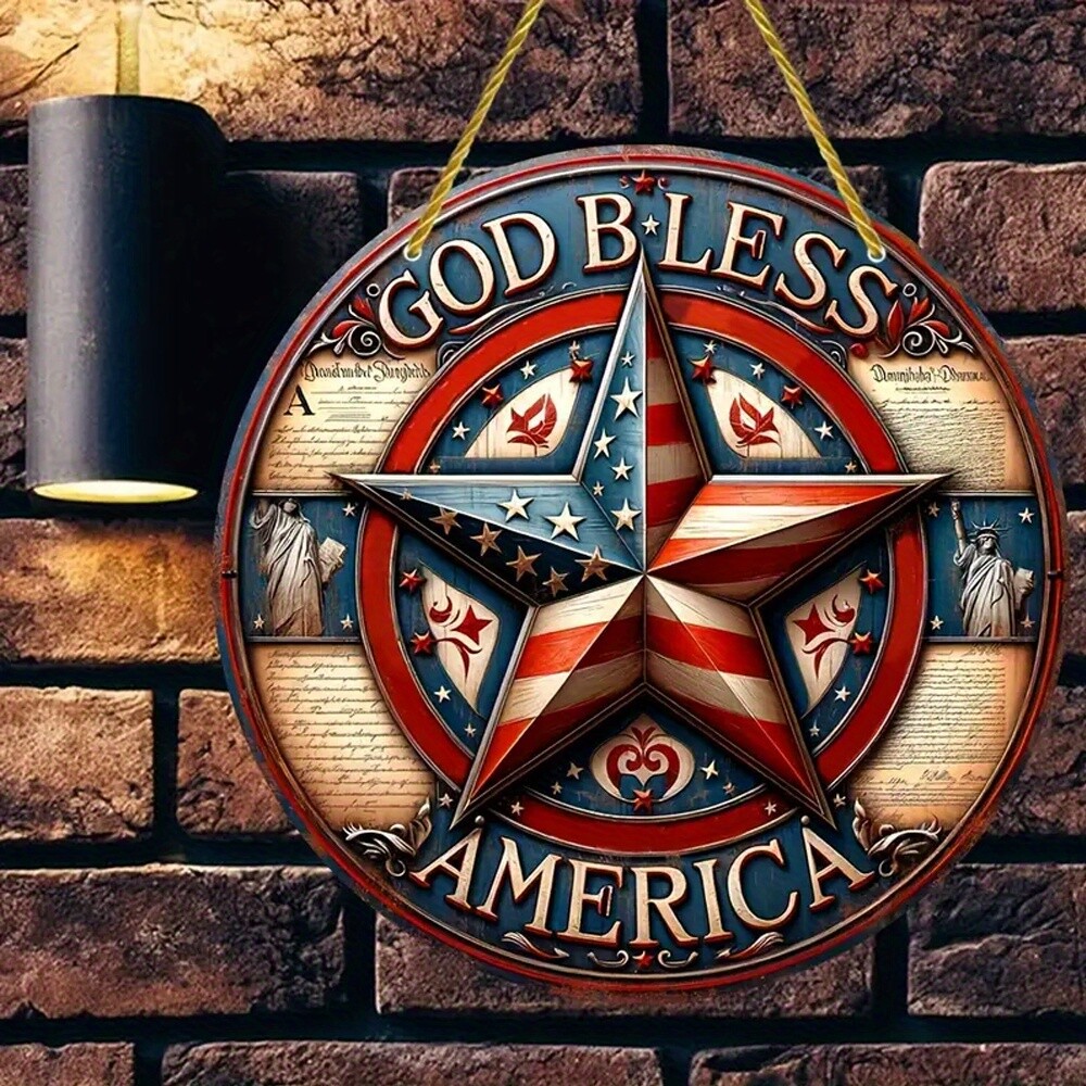 1 PC God Bless America Independence Day Sign American Star Round Acrylic Sign