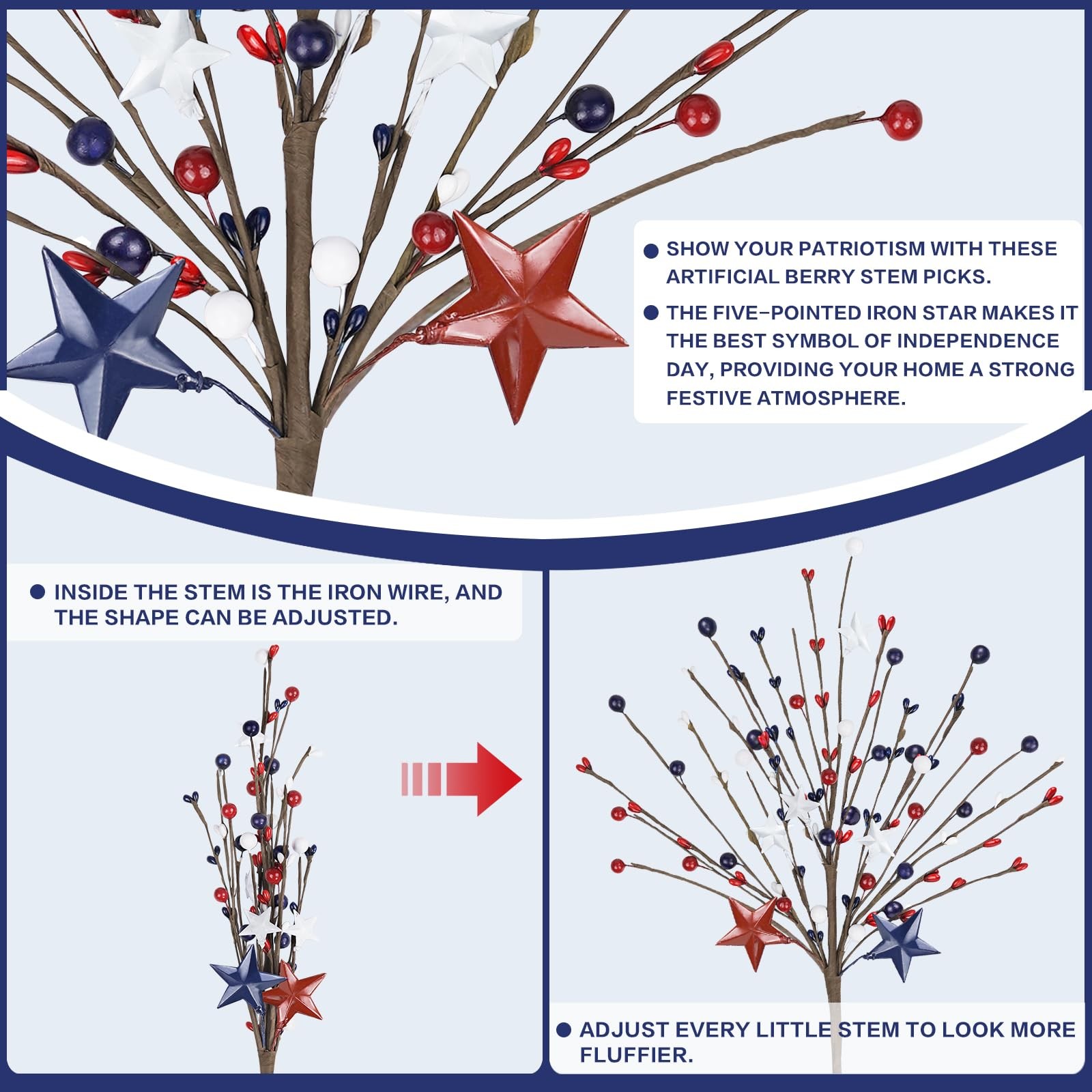 8 Pack Patriotic Artificial Berry Stem Picks,17.5” Red White Blue Stars with …