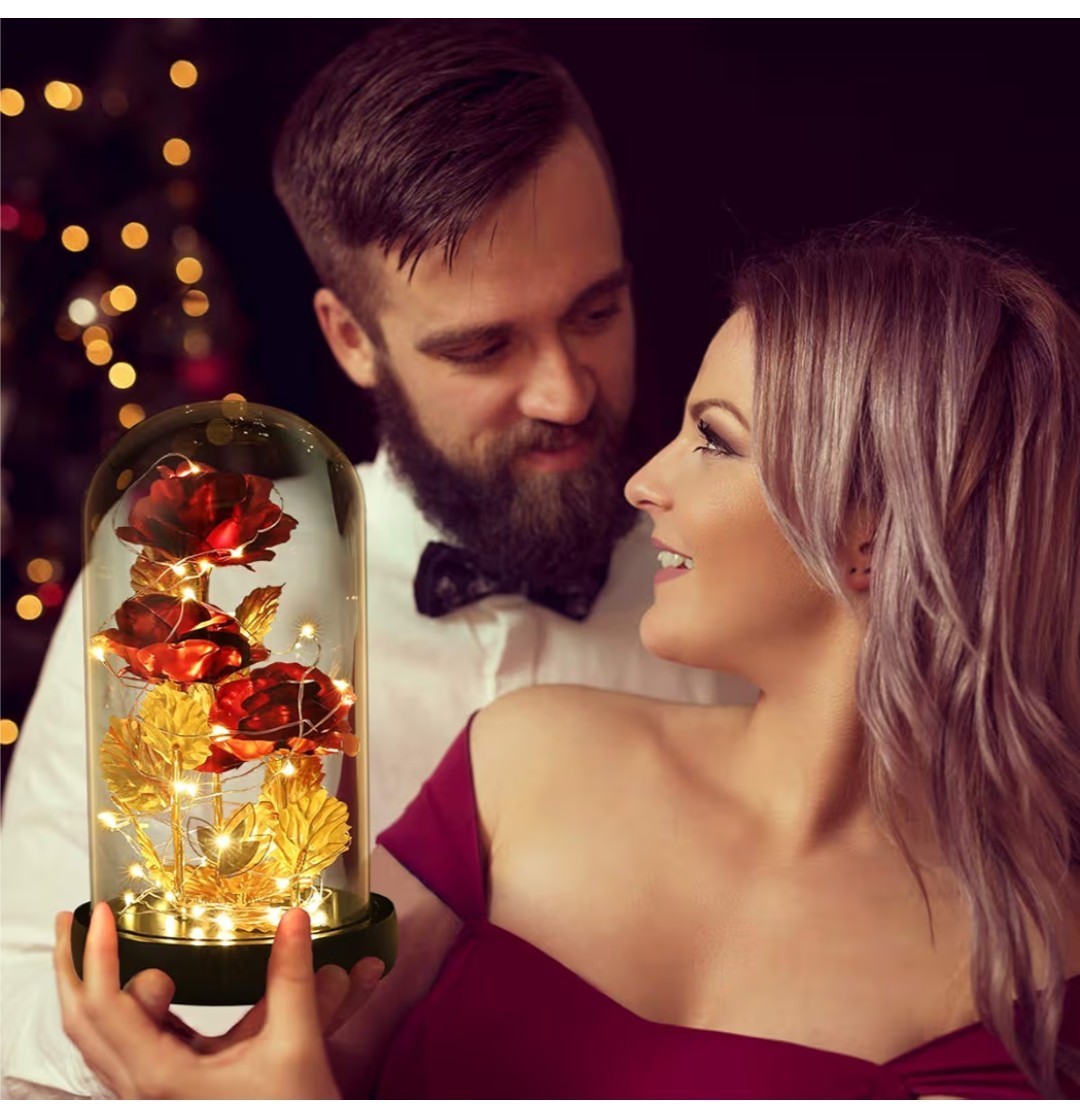 Dream Of Flowers Red Rose Gold Stem/Leaves in Glass Dome, 2 Lighting Modes. #dom
