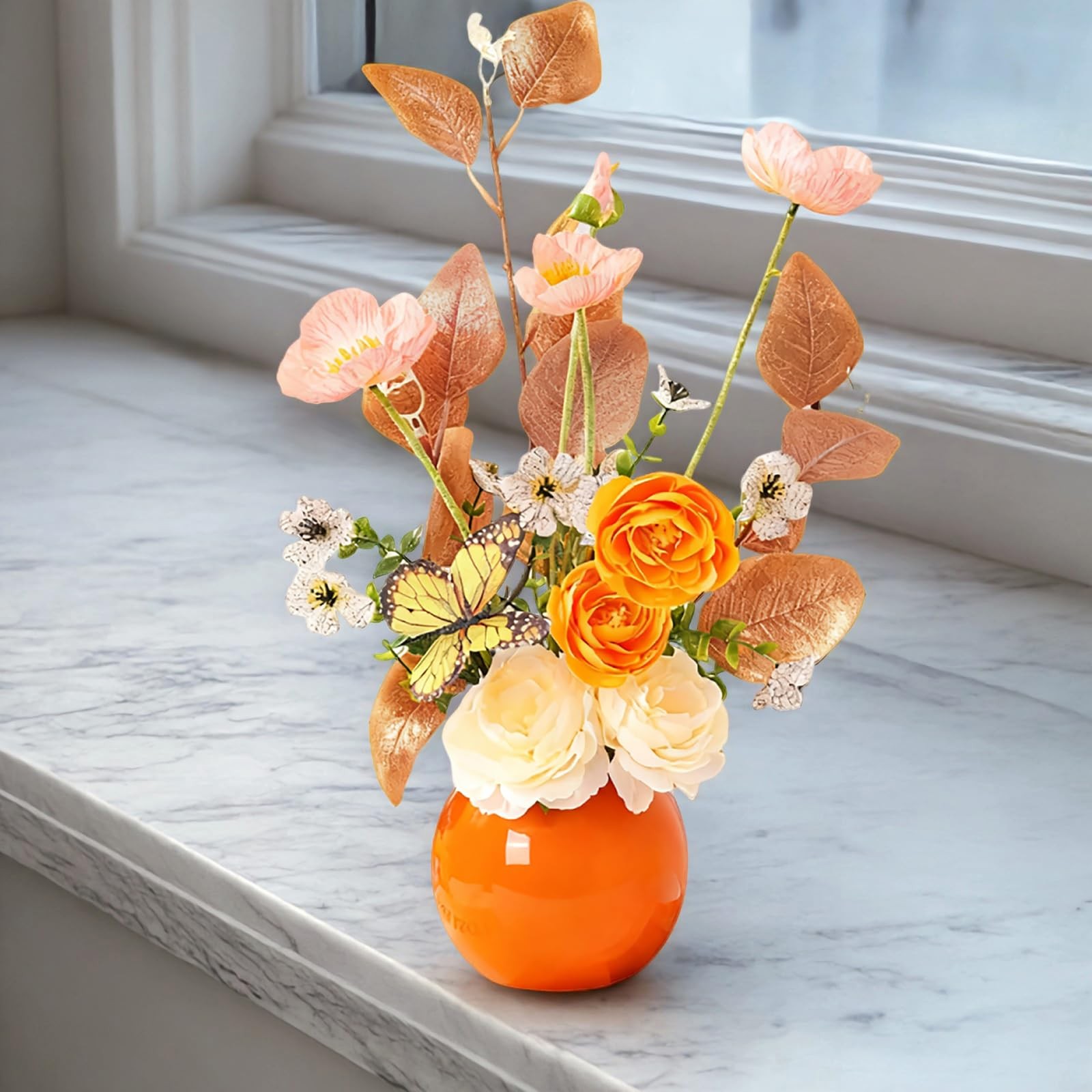 Artificial Flowers with Ceramic Vase, Fake Flowers for Home and Office Decor,…
