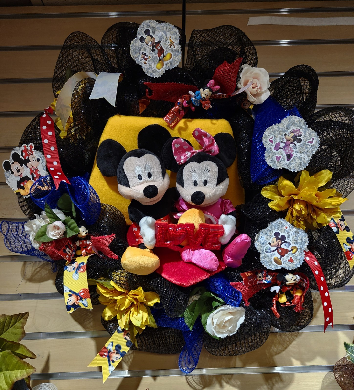 FREE Vibrant Red Blue Gold Black Mickey & Minnie Mouse Love Deco Mesh Wreath