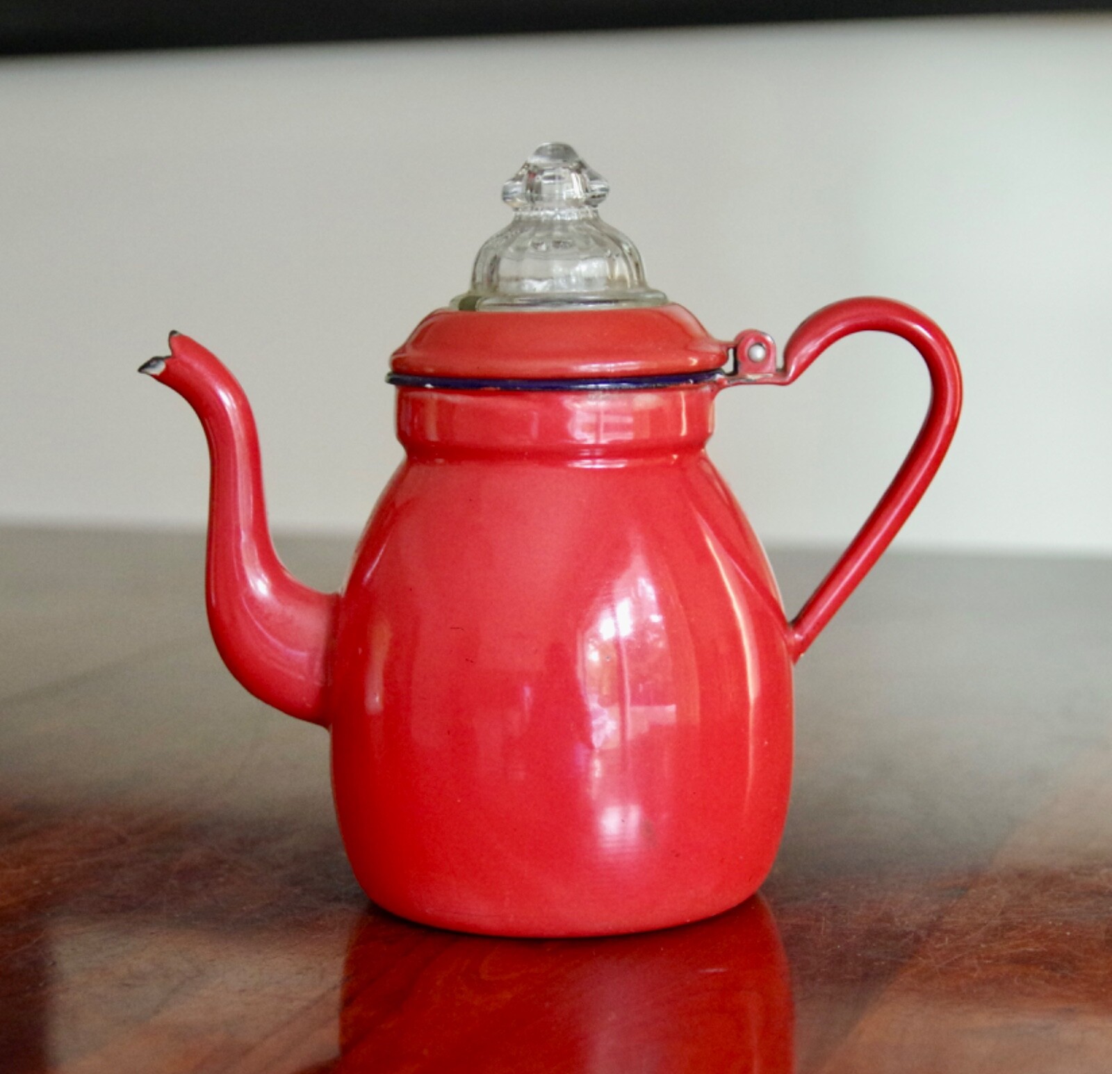 Silk Red, White and Purple Arrangement in Red Enamel Coffee Pot