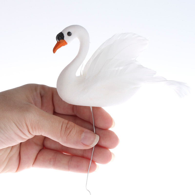 Package of 12 Artificial White Flocked 5″ Swans with Feathered Accents