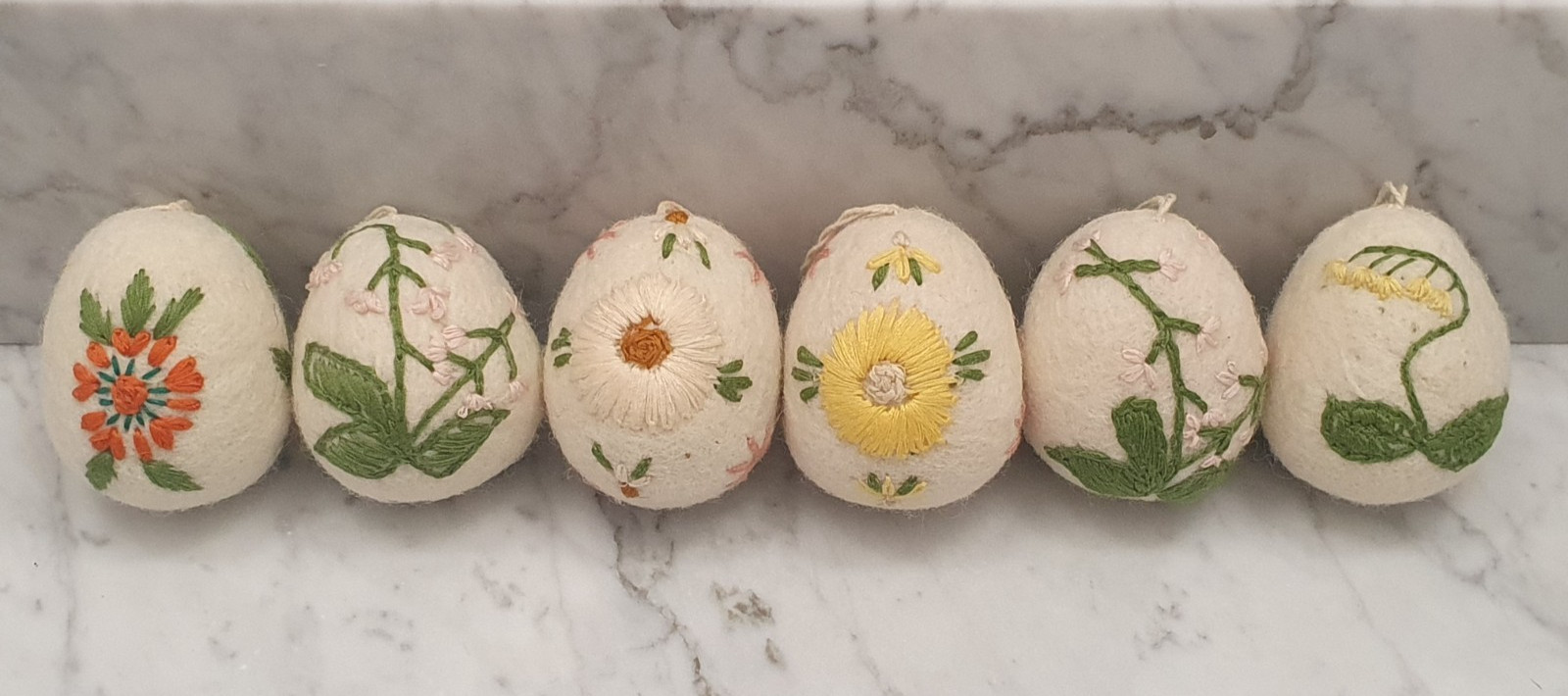 6 Cottage Core Farmhouse Chic Boiled Wool Eggs Embroidered Flowers Basket Decor