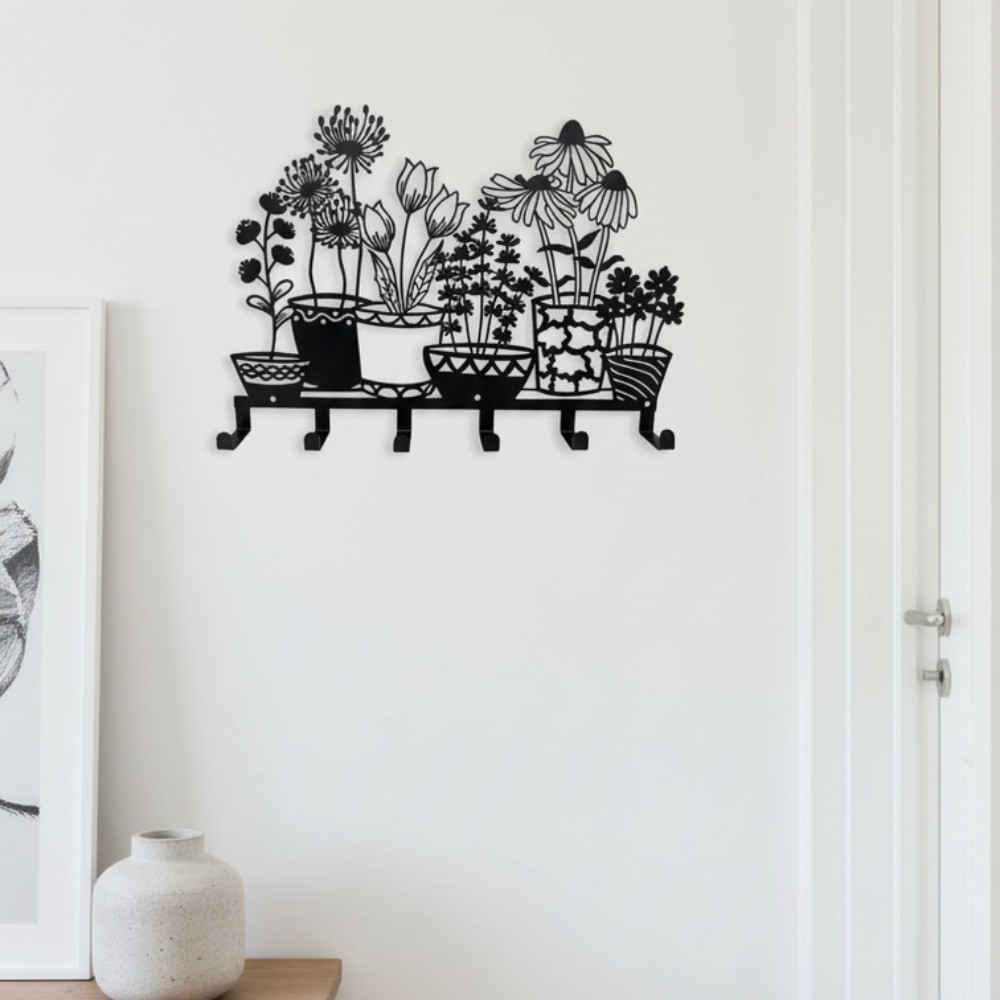 Black Vase Line Art Metal Key Hook – Minimalist Wall Storage Home Holiday Decor