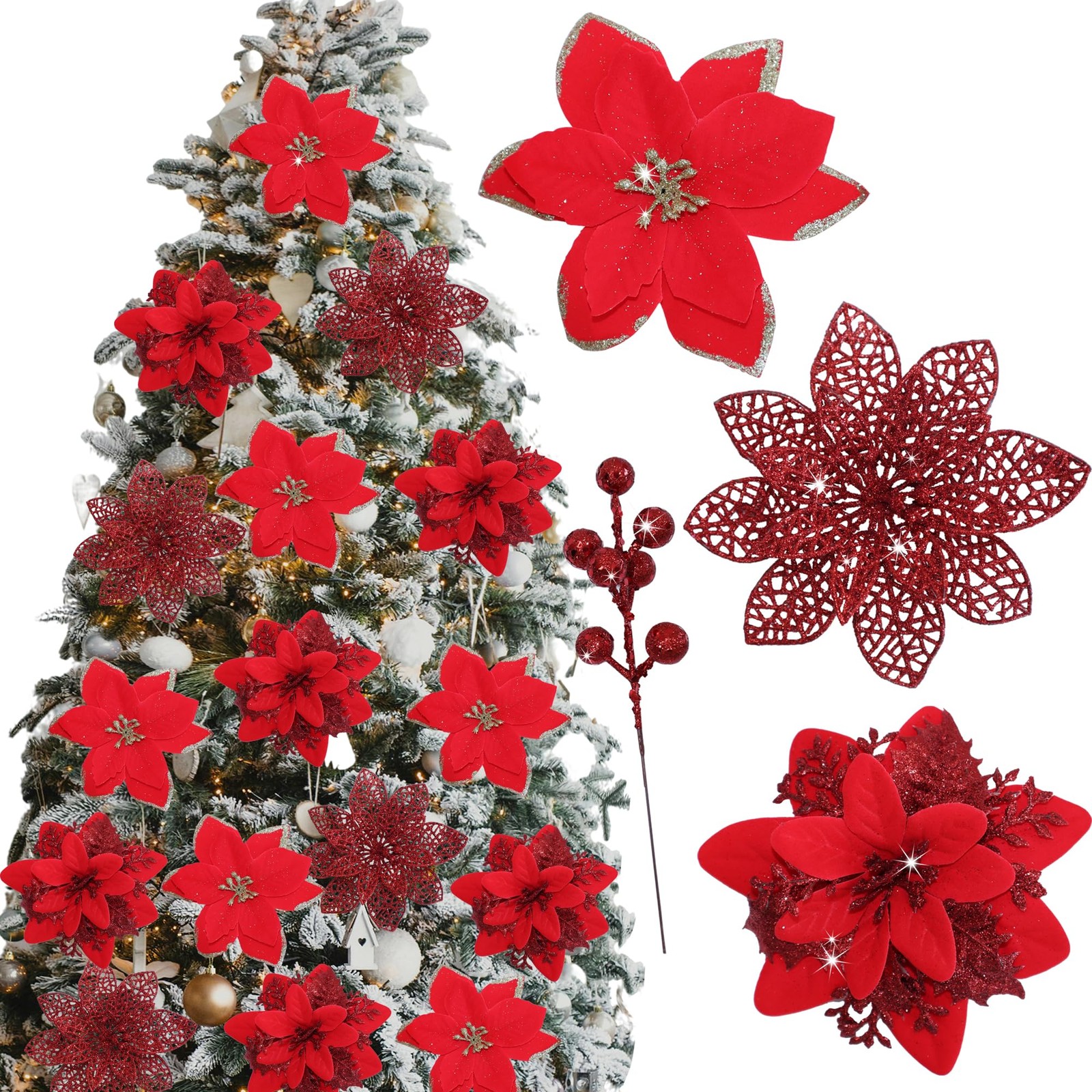 48 Pcs Fake Poinsettia Glitter Flowers and Berry Stems Artificial Red Christm…